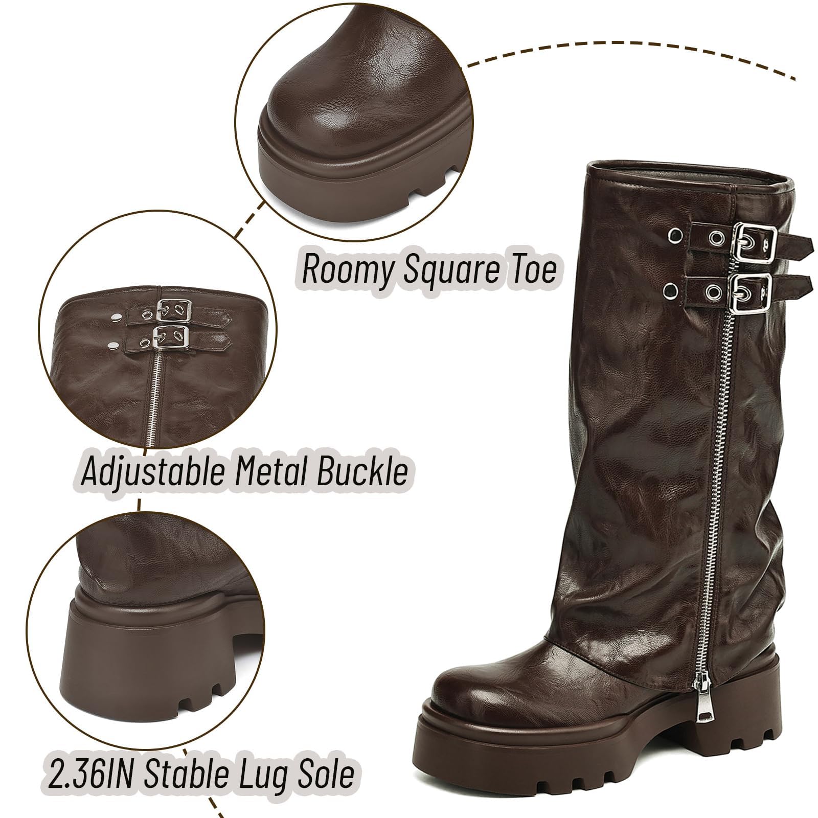 Women's Knee High Boots Buckle Moto Biker Boots for Women Platform Fold Over Tall Boots Chunky Low Heel Wide Calf Boots