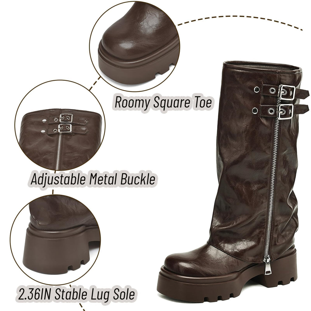 Women's Knee High Boots Buckle Moto Biker Boots for Women Platform Fold Over Tall Boots Chunky Low Heel Wide Calf Boots