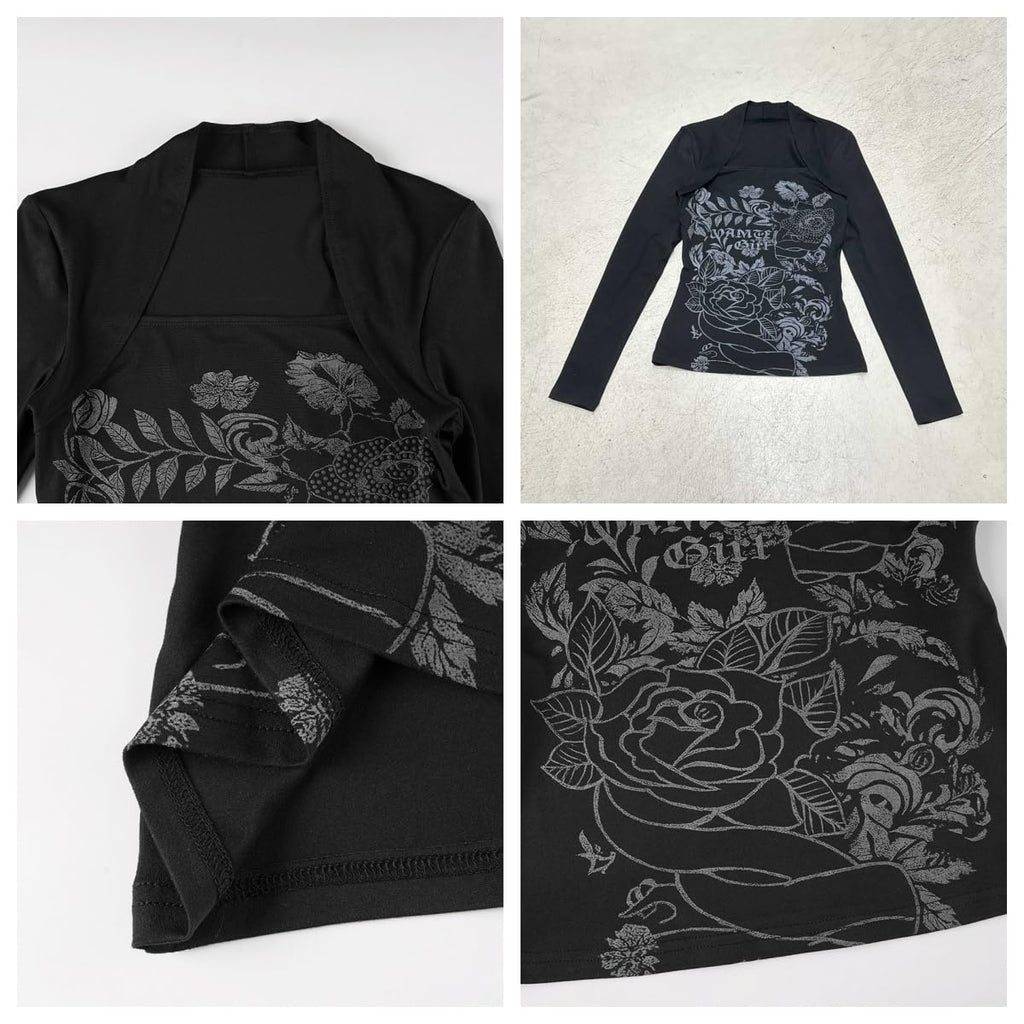 Y2k V Neck Floral Tops Women Fairy Grunge Vintage Long Sleeve Top 2000s Emo Graphic Cute Teen Girls Clothe
