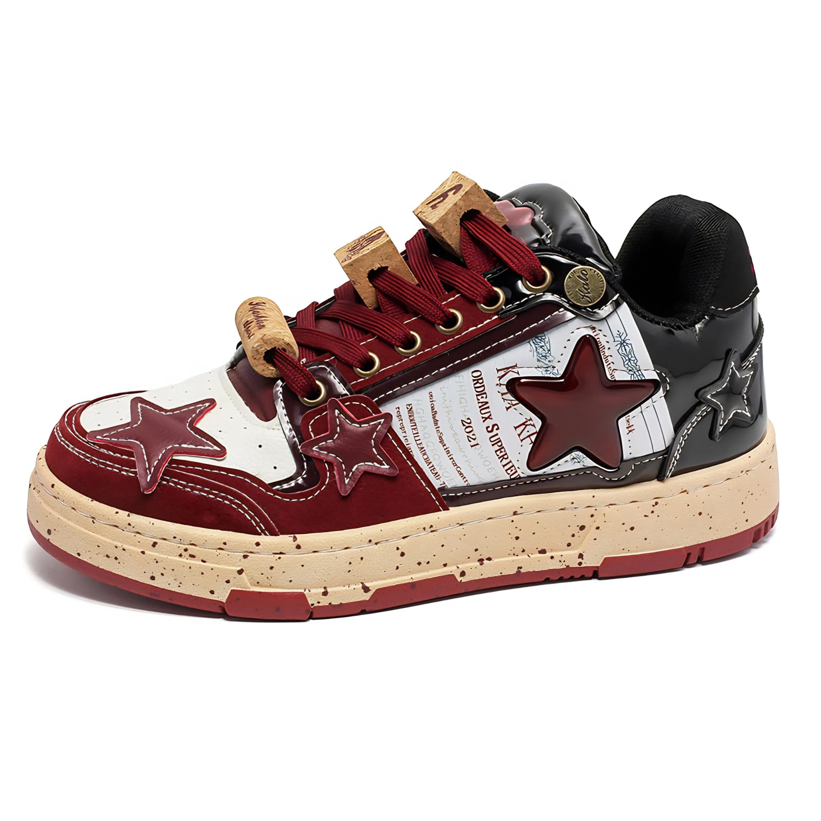Burgundy Star Print Fashion Chunky Sneakers for Women Trendy Casual Aesthetic Skateboard Walking Dance Shoes