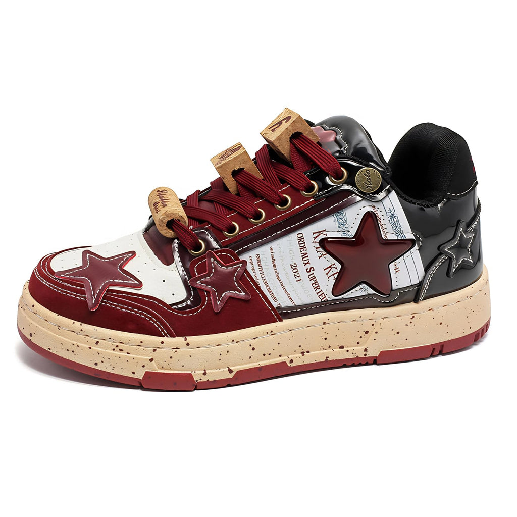 Burgundy Star Print Fashion Chunky Sneakers for Women Trendy Casual Aesthetic Skateboard Walking Dance Shoes