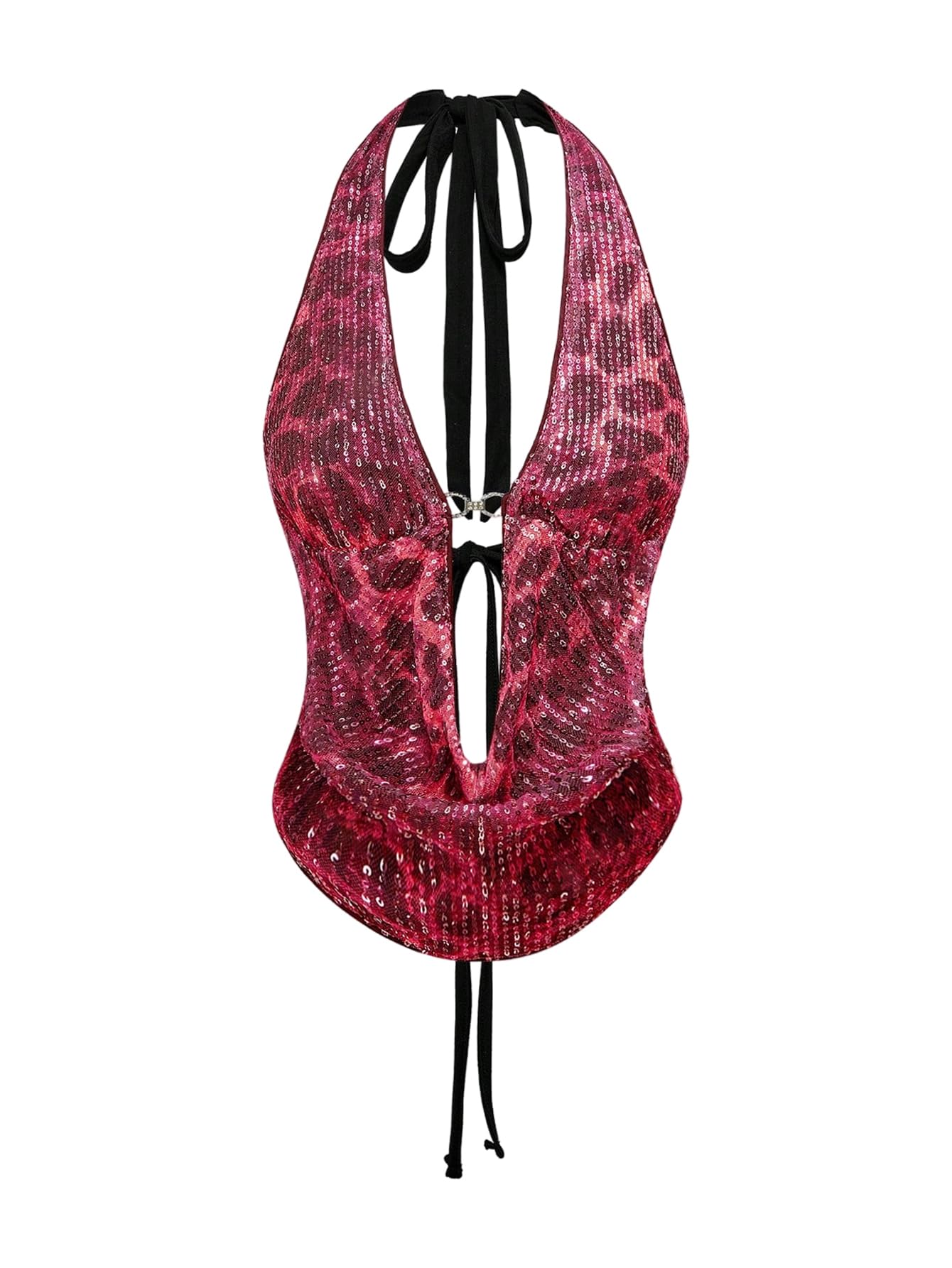 Verdusa Women's Cheetah Print Sequin Top Y2K Tie Back Corset Halter Going Out Crop Tops