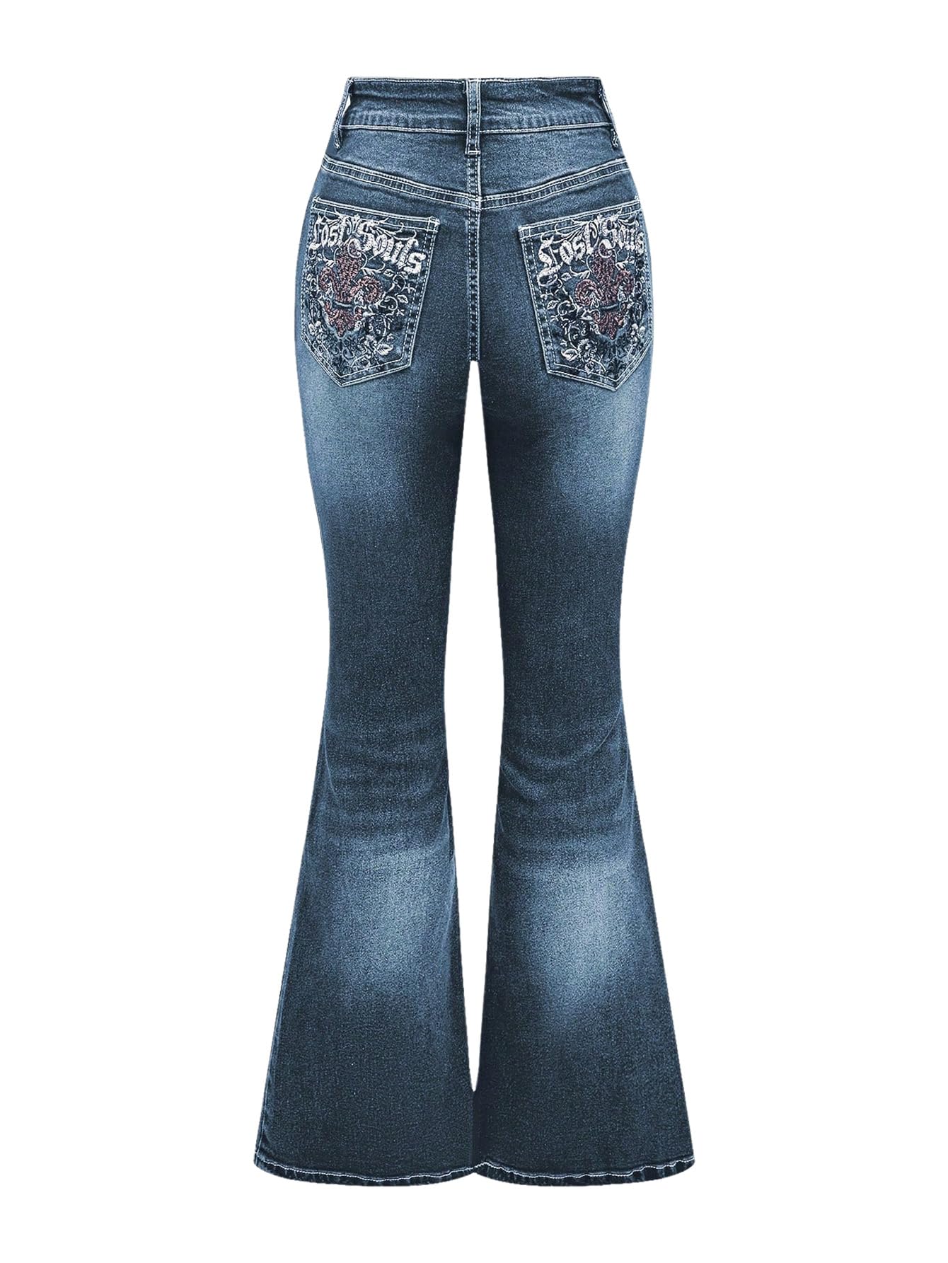 MakeMeChic Women's Flared Jeans Bell Bottom Jeans Embroidered Y2K High Waist Stretchy Denim Pants