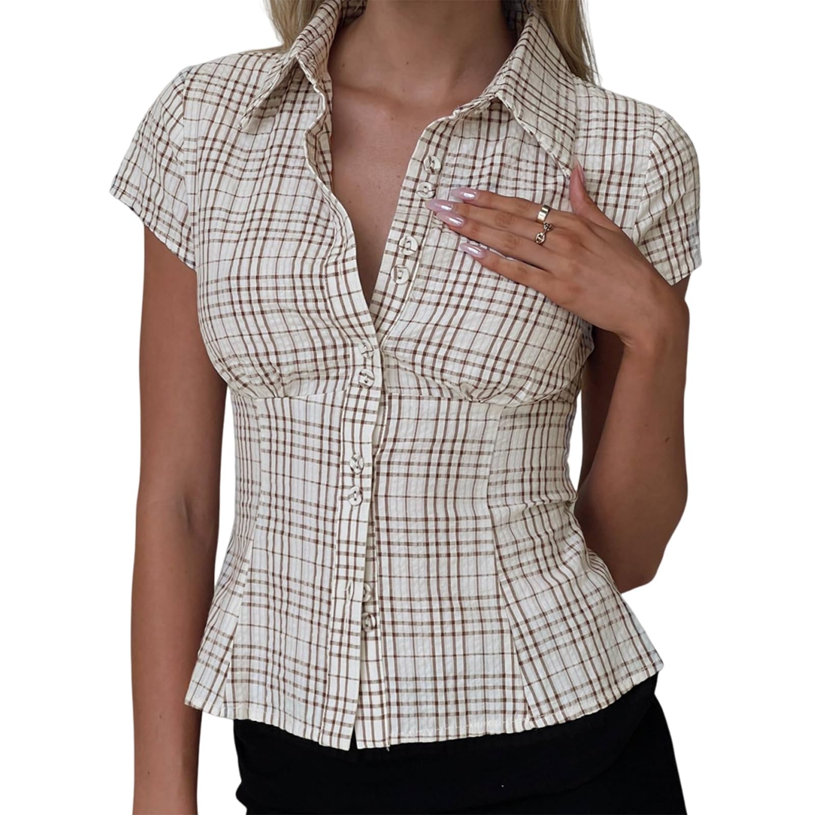 Women Y2k Short Sleeve Button Up Shirt Lapel Collar V Neck Plaid Open Front Blouse Basic Casual Going Out T-Shirt