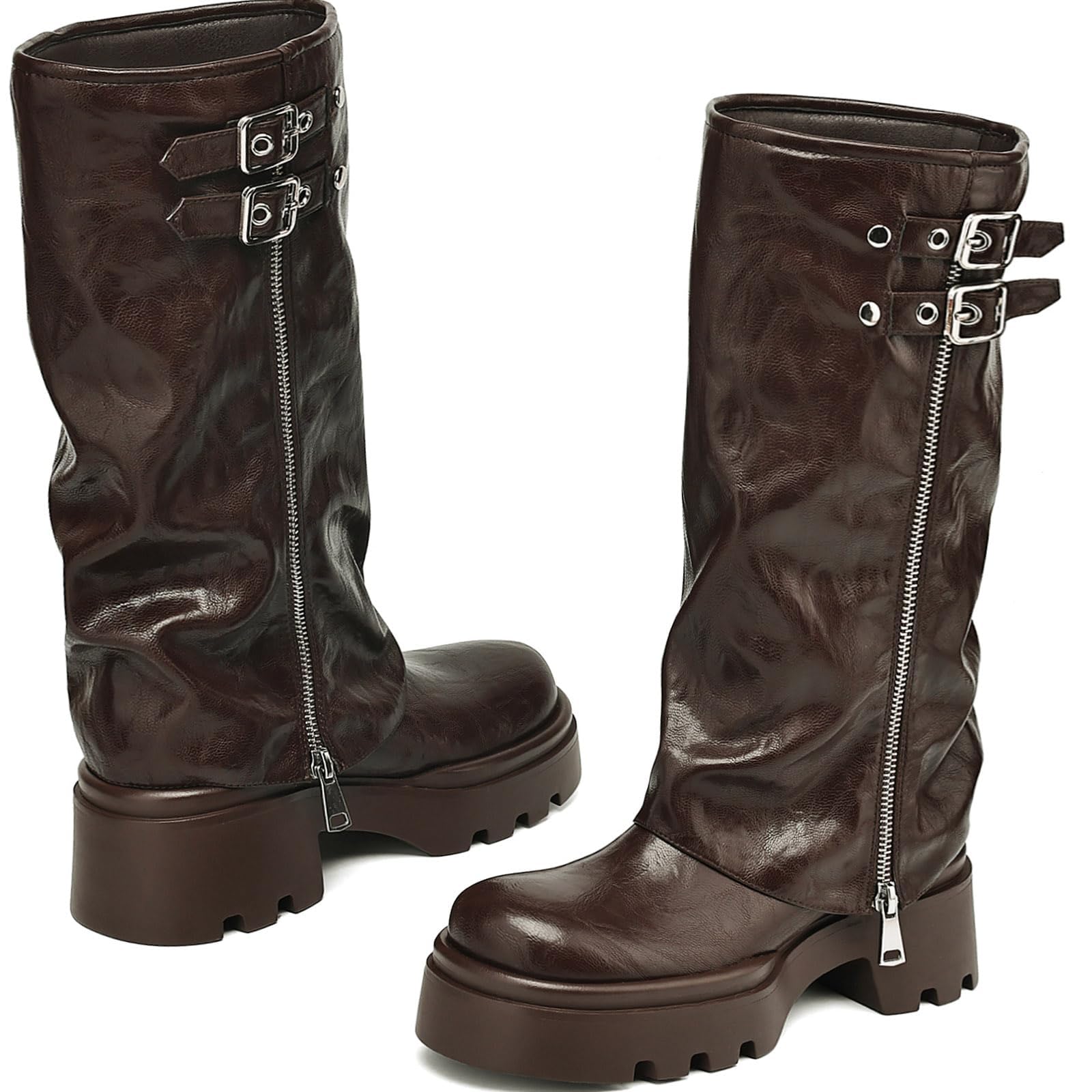 Women's Knee High Boots Buckle Moto Biker Boots for Women Platform Fold Over Tall Boots Chunky Low Heel Wide Calf Boots