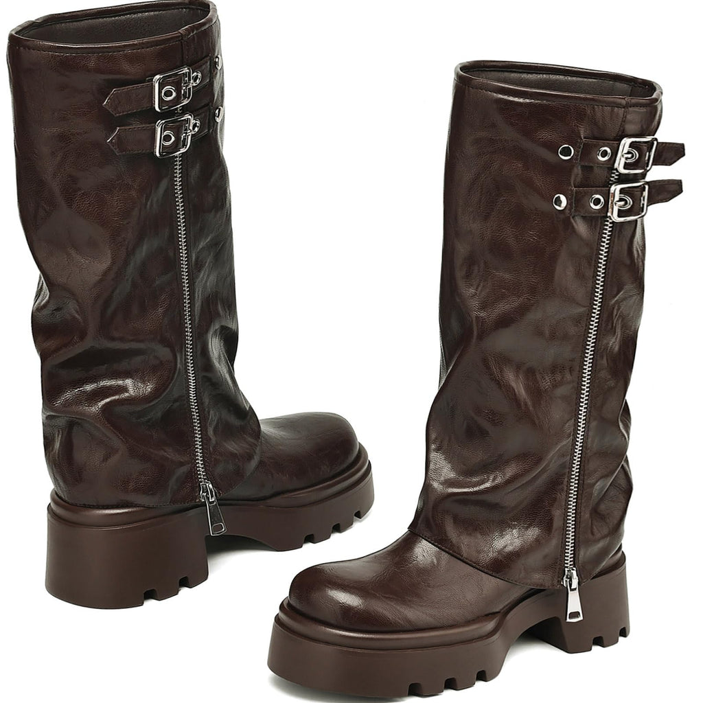Women's Knee High Boots Buckle Moto Biker Boots for Women Platform Fold Over Tall Boots Chunky Low Heel Wide Calf Boots
