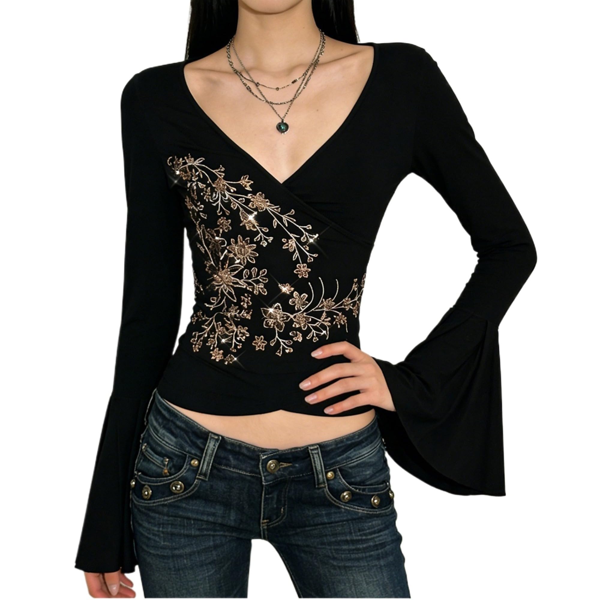 Y2k V Neck Floral Tops Women Fairy Grunge Vintage Long Sleeve Top 2000s Emo Graphic Cute Teen Girls Clothe