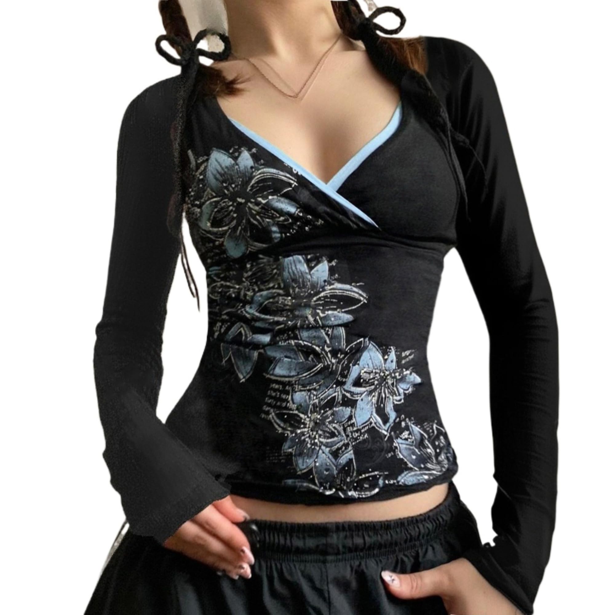 Y2k V Neck Floral Tops Women Fairy Grunge Vintage Long Sleeve Top 2000s Emo Graphic Cute Teen Girls Clothe