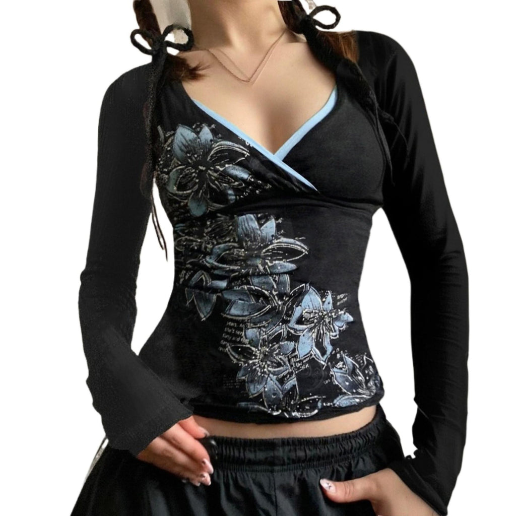 Y2k V Neck Floral Tops Women Fairy Grunge Vintage Long Sleeve Top 2000s Emo Graphic Cute Teen Girls Clothe