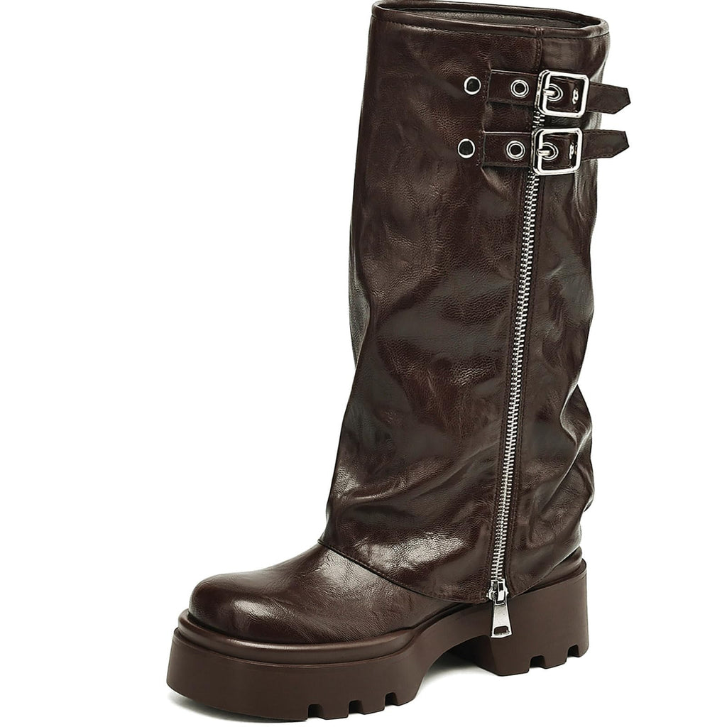 Women's Knee High Boots Buckle Moto Biker Boots for Women Platform Fold Over Tall Boots Chunky Low Heel Wide Calf Boots