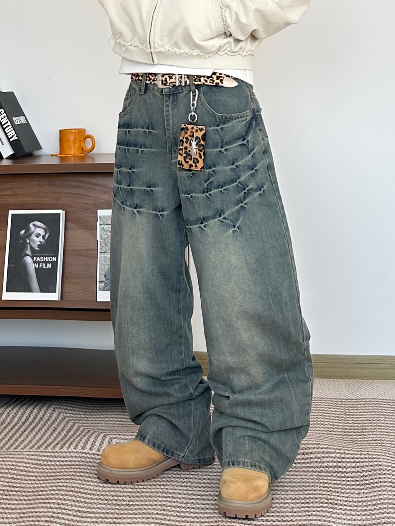 Mens Streetwear Hip Hop Baggy Jeans Wide Leg Skater Denim Pants Loose Long Trousers
