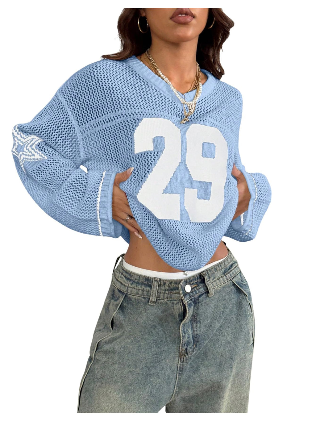 Verdusa Women's Y2k Tops Jersey Shirts Oversized Crochet Graphic Going Out Tops V Neck Pullover Sweater Streetwear