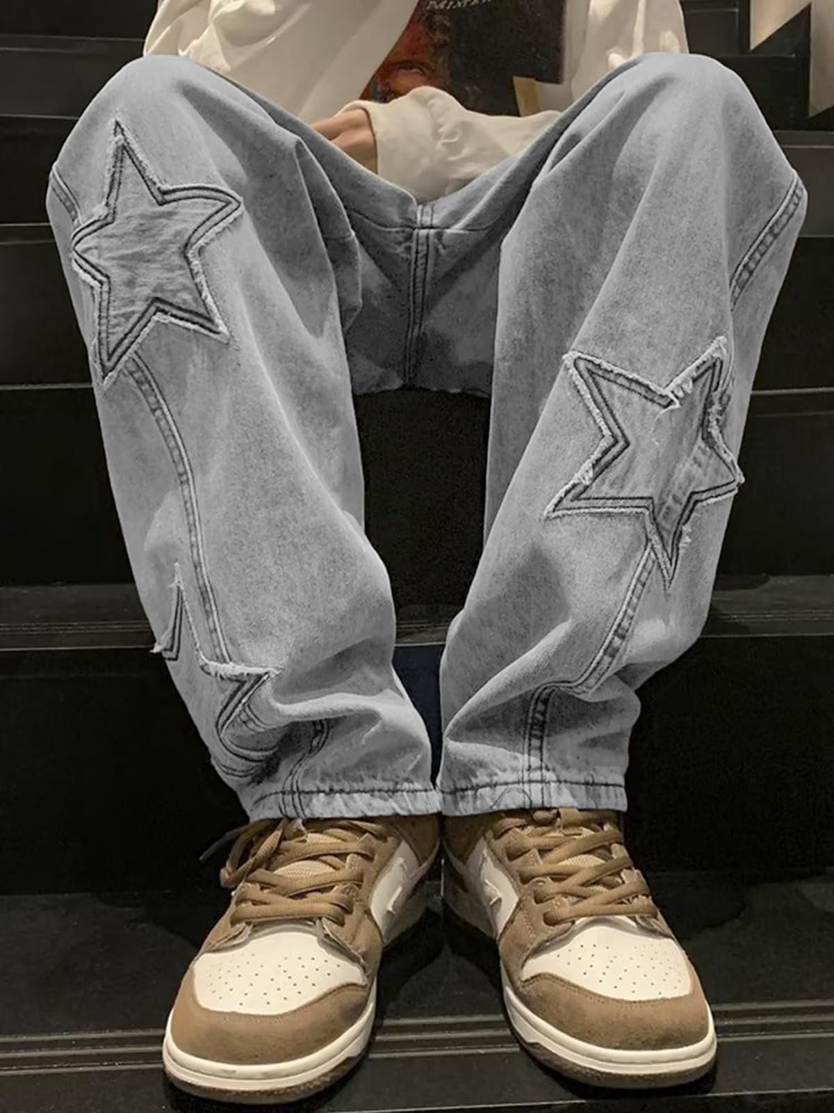 Mens Y2k Star Jeans High Waisted Hip Hop Streetwear Jeans Loose Baggy Embroidery Aesthetic Harajuku Denim Pants