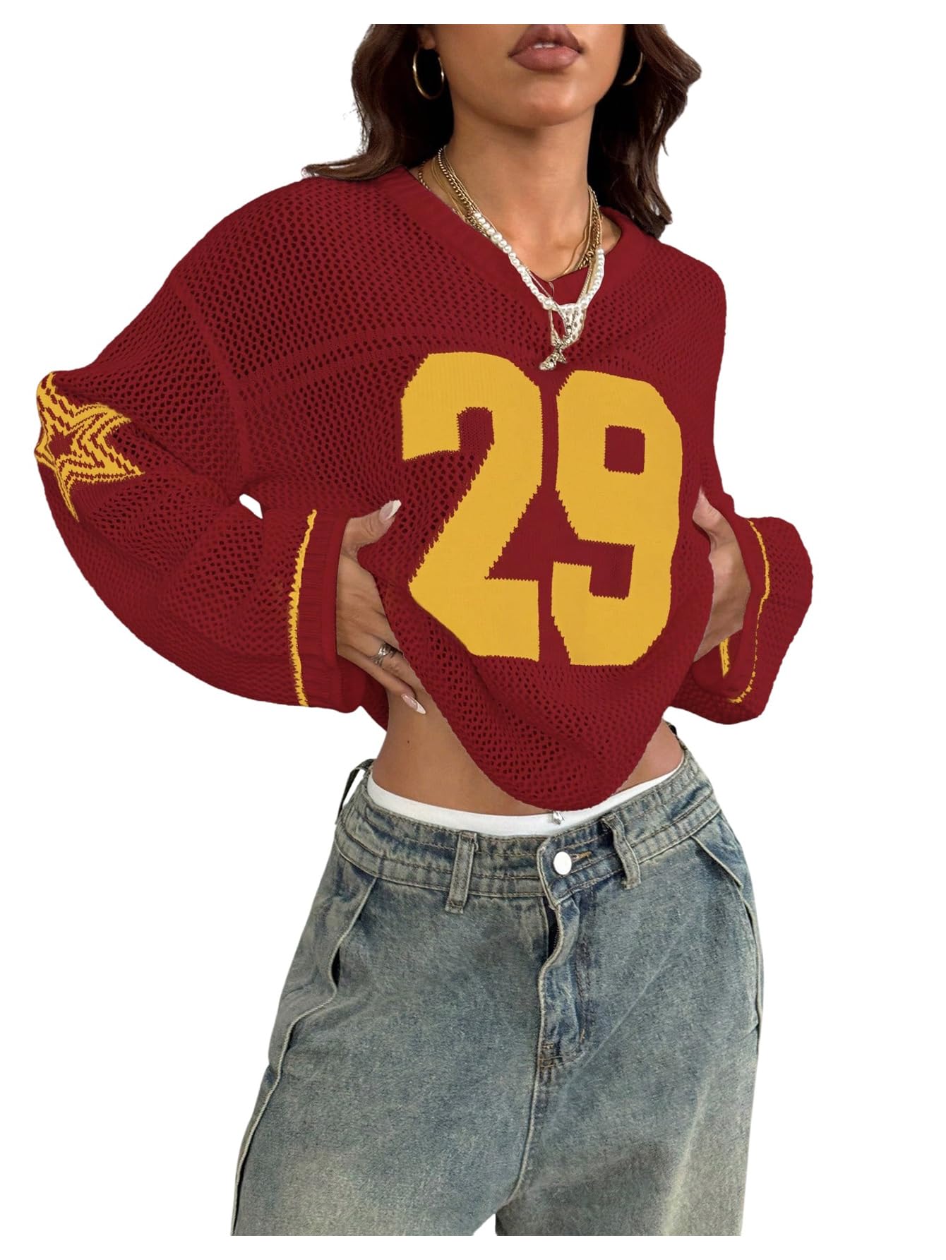 Verdusa Women's Y2k Tops Jersey Shirts Oversized Crochet Graphic Going Out Tops V Neck Pullover Sweater Streetwear