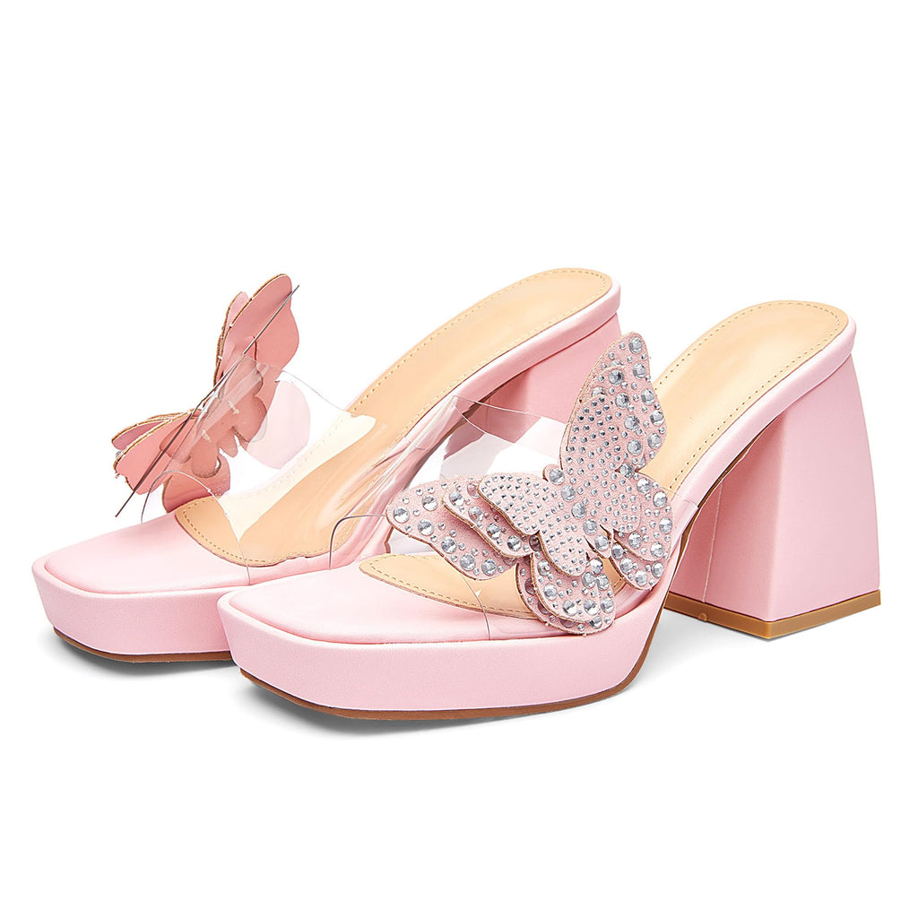 NEWBELLA Butterfly Rhinestone Platform Heels - Transparent Chunky High Heels Sandals for Women, Perfect for Prom and Dressy Occasions-Y2K Fairy Style