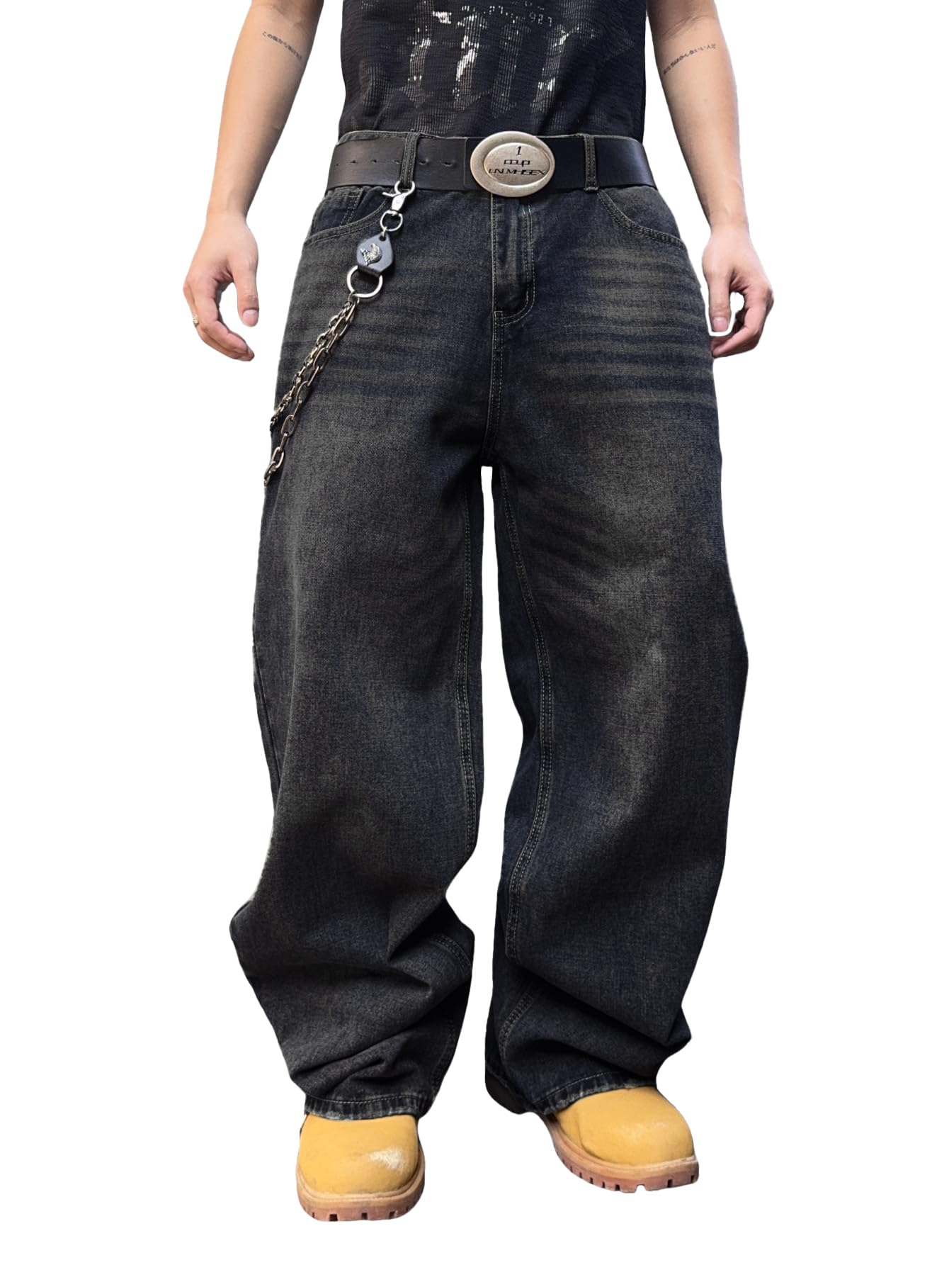 Mens Streetwear Hip Hop Baggy Jeans Wide Leg Skater Denim Pants Loose Long Trousers