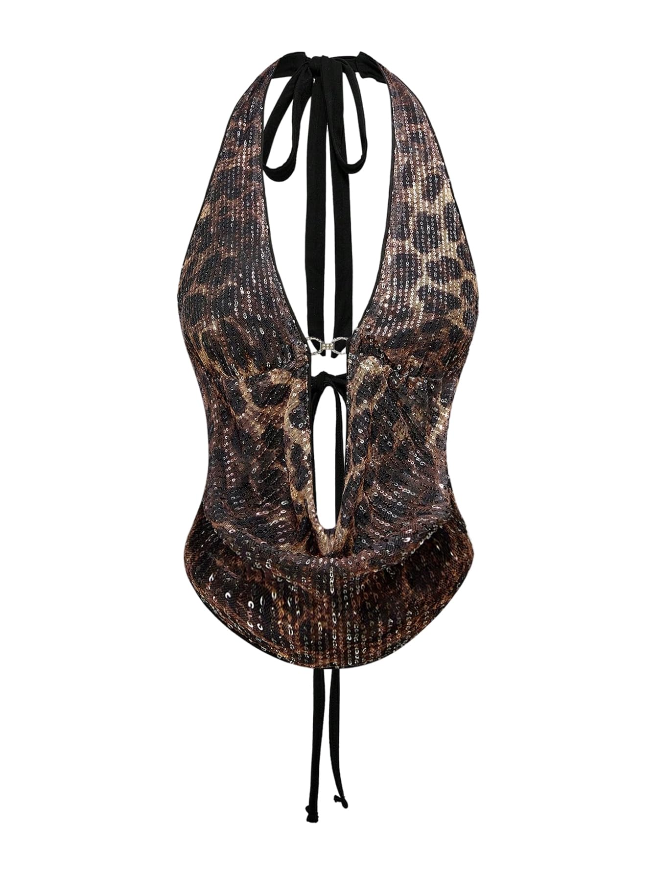 Verdusa Women's Cheetah Print Sequin Top Y2K Tie Back Corset Halter Going Out Crop Tops