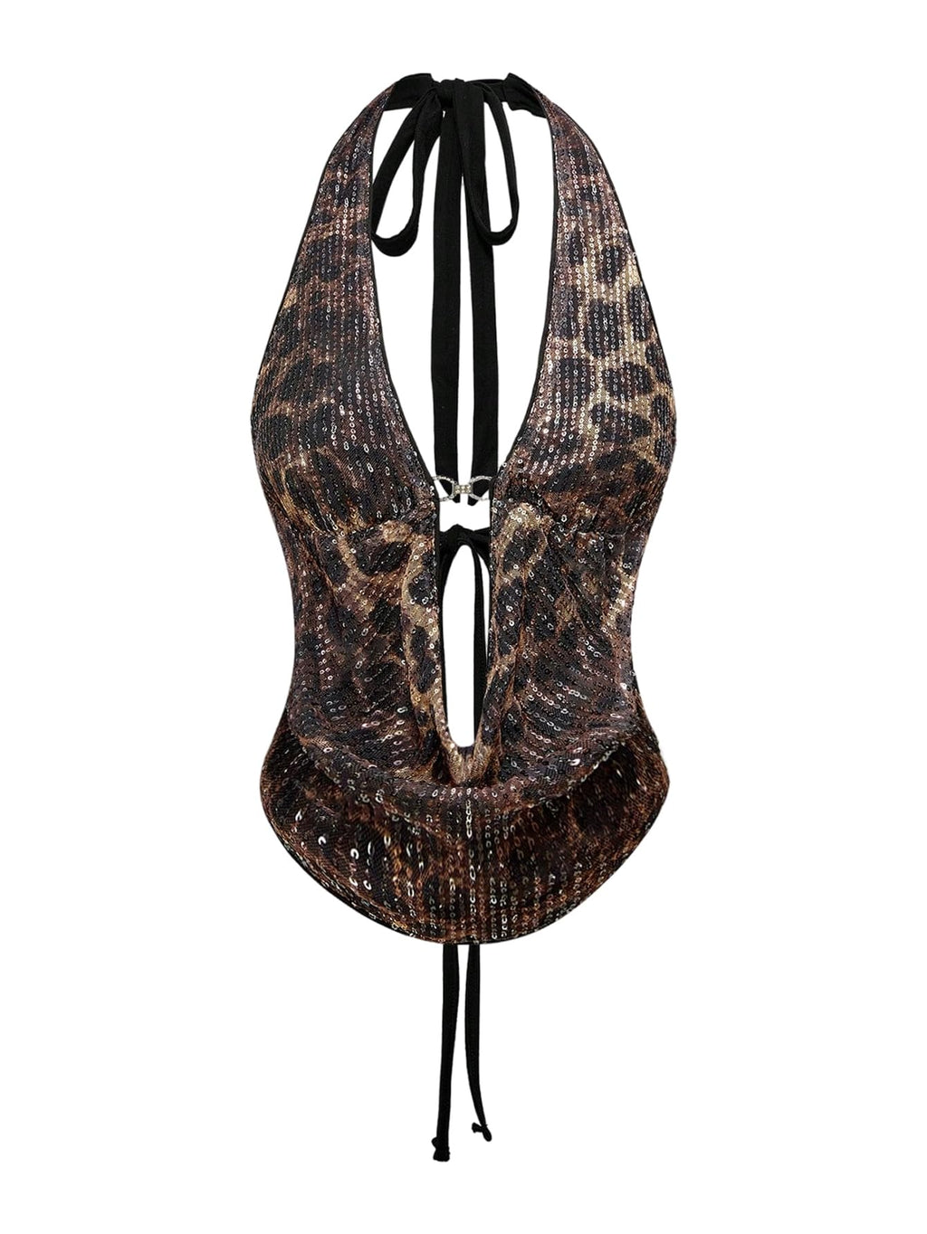 Verdusa Women's Cheetah Print Sequin Top Y2K Tie Back Corset Halter Going Out Crop Tops