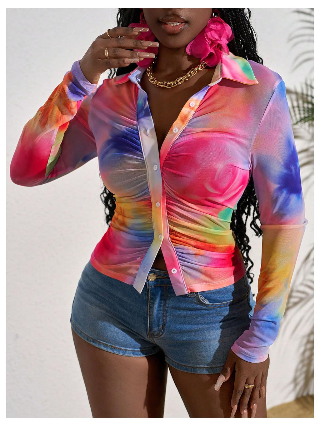 SOLY HUX Women's Y2k Tie Dye Tops Button Down Long Sleeve Fitted Crop Shirts Blouse Street Music Festival Clothes