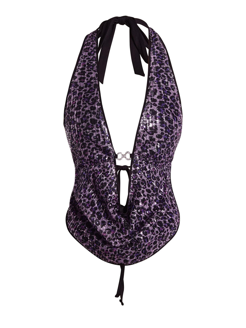 Verdusa Women's Cheetah Print Sequin Top Y2K Tie Back Corset Halter Going Out Crop Tops