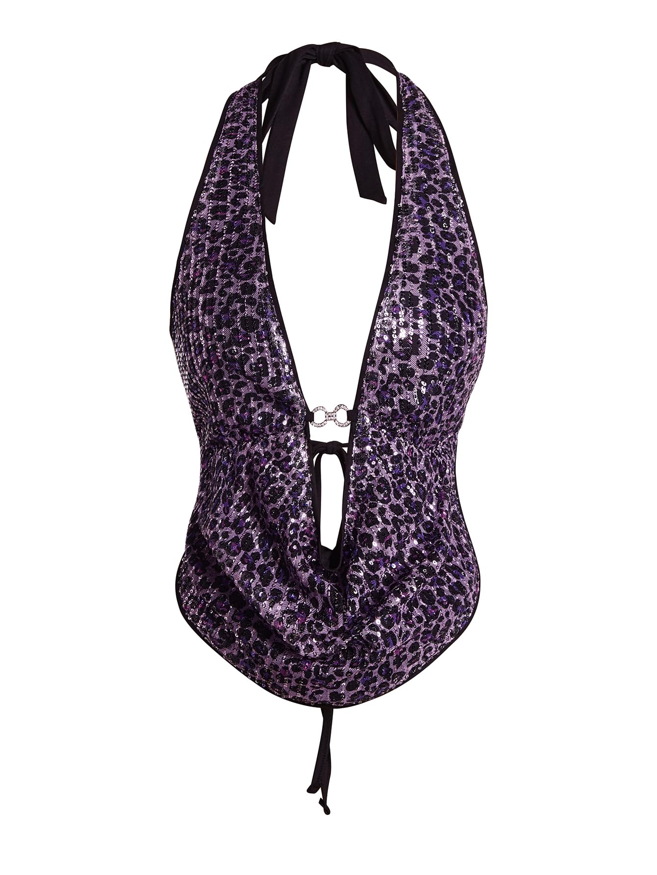 Verdusa Women's Cheetah Print Sequin Top Y2K Tie Back Corset Halter Going Out Crop Tops