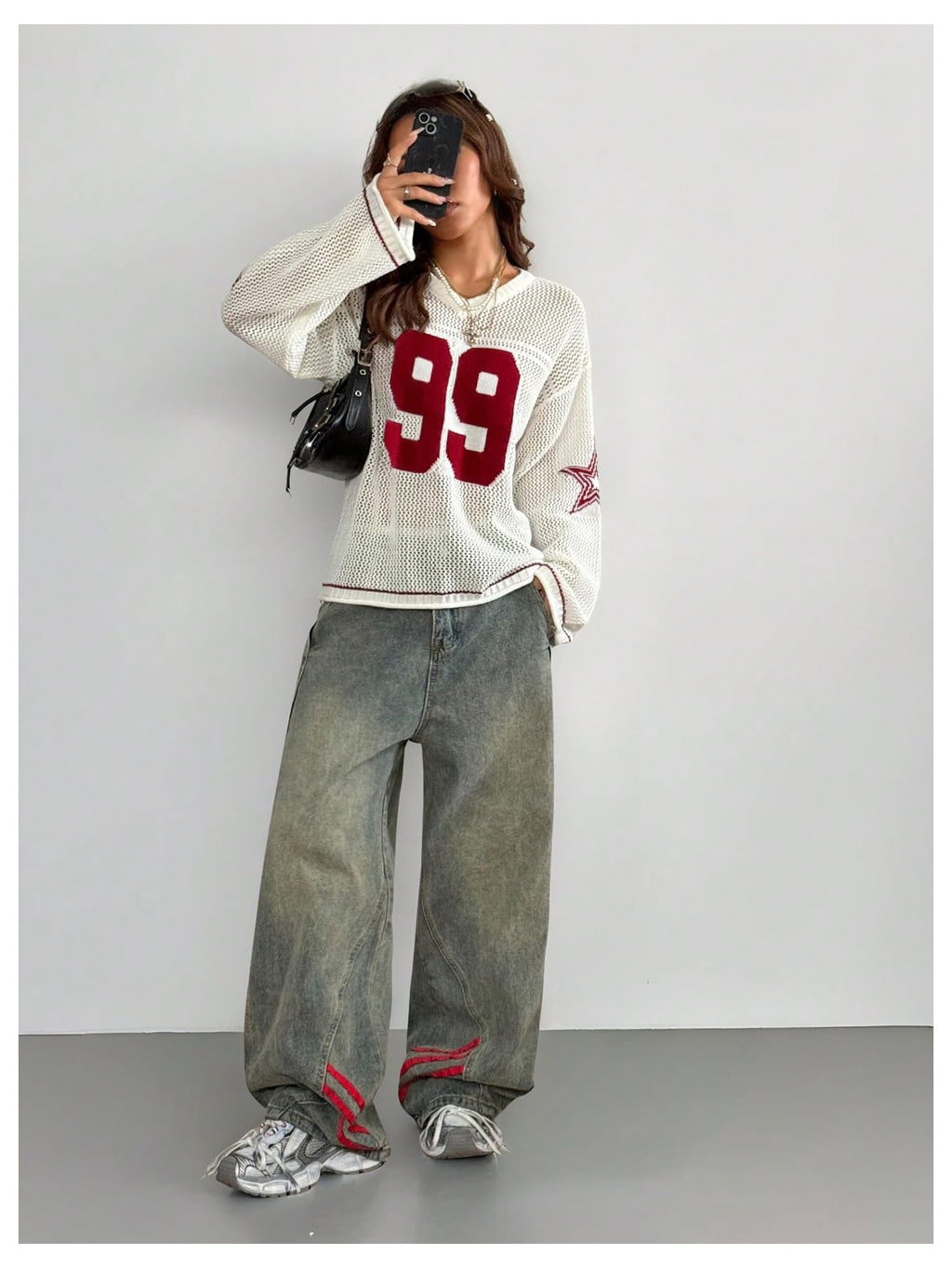 Verdusa Women's Y2k Tops Jersey Shirts Oversized Crochet Graphic Going Out Tops V Neck Pullover Sweater Streetwear