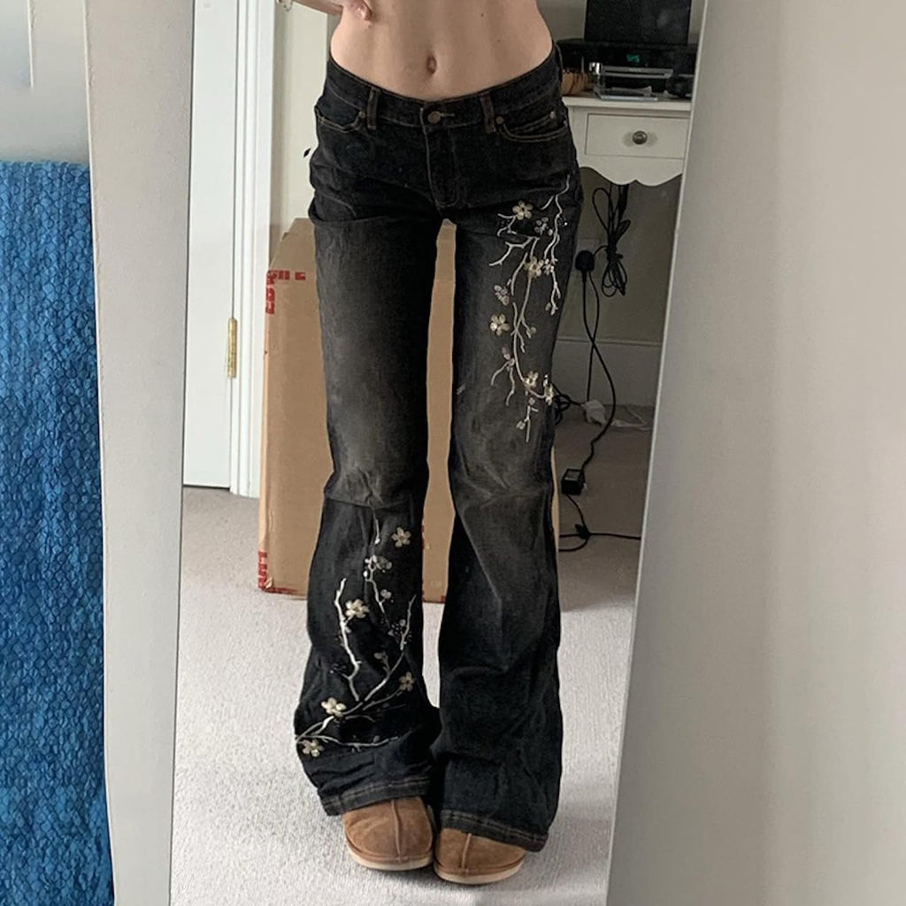 Women Bell Bottom Jeans Stretchy Flare Mid Rise Embroidery Vintage Denim Pants 90s Outfits Y2k Clothes