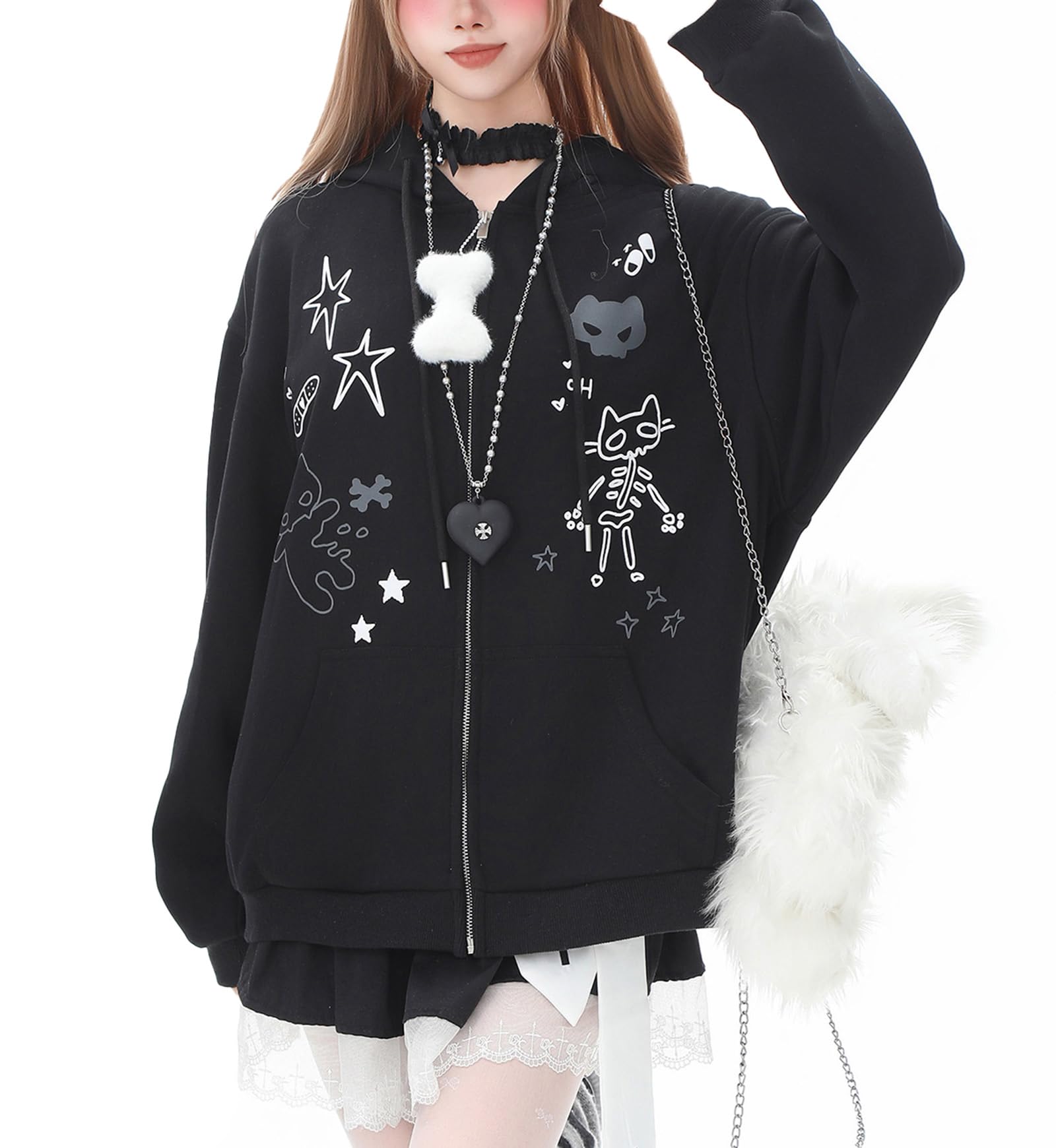 Womens Y2K Zip Up Cute Graphic Hoodies Cat Ears Casual Cartoon Harajuku Kawaii Clothes Oversize Streetwear Jacket