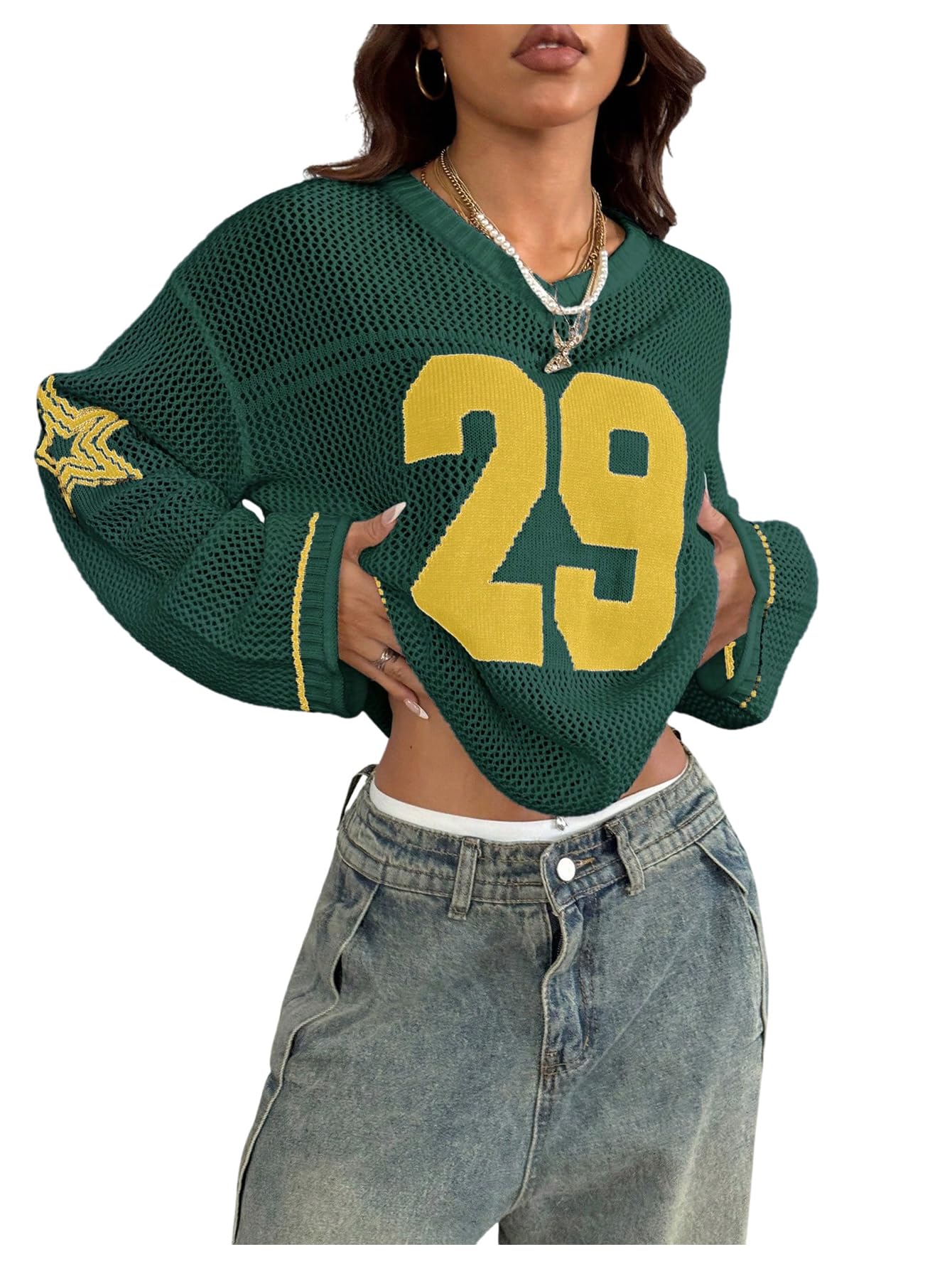 Verdusa Women's Y2k Tops Jersey Shirts Oversized Crochet Graphic Going Out Tops V Neck Pullover Sweater Streetwear