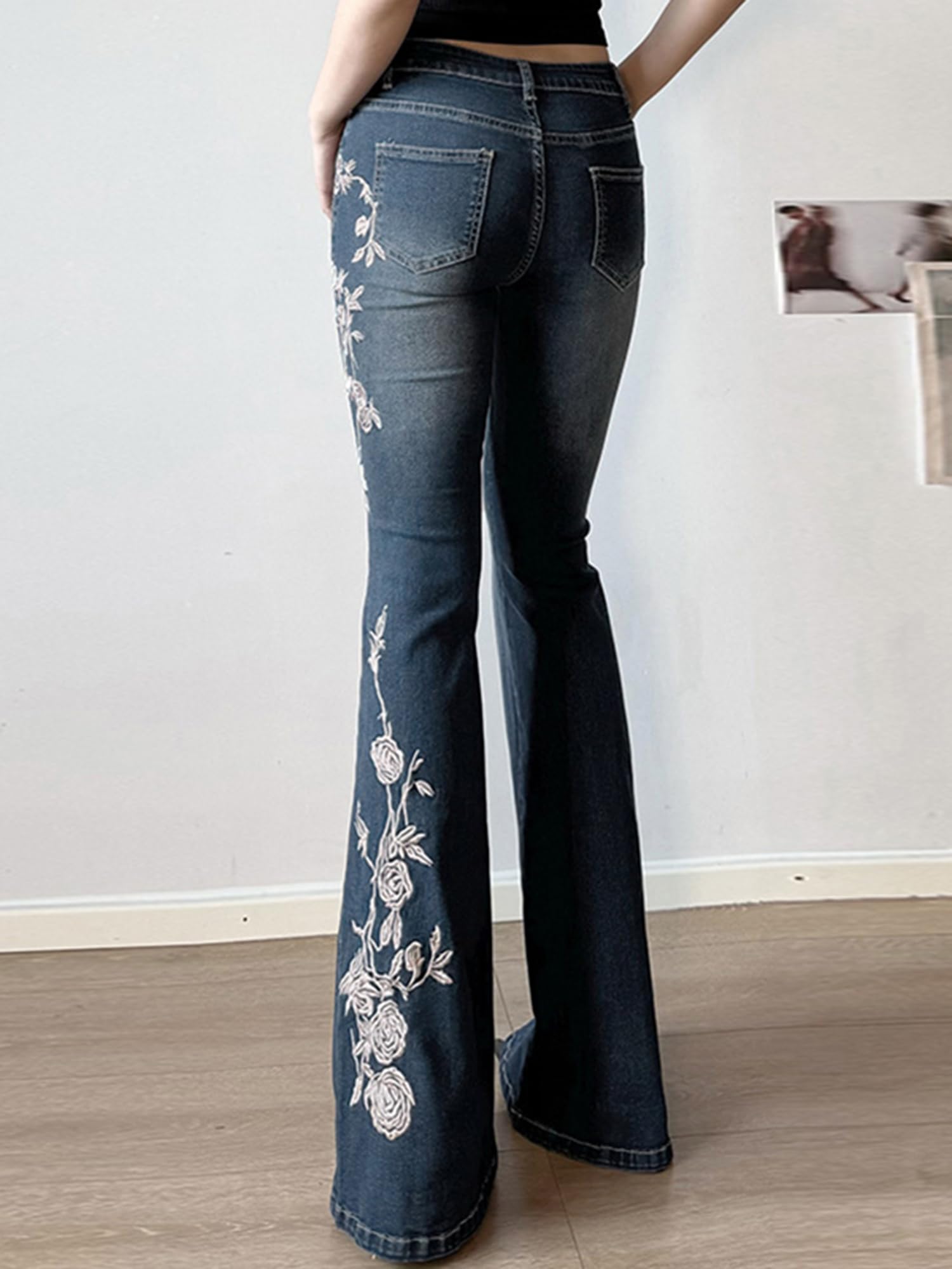 Women Bell Bottom Jeans Stretchy Flare Mid Rise Embroidery Vintage Denim Pants 90s Outfits Y2k Clothes