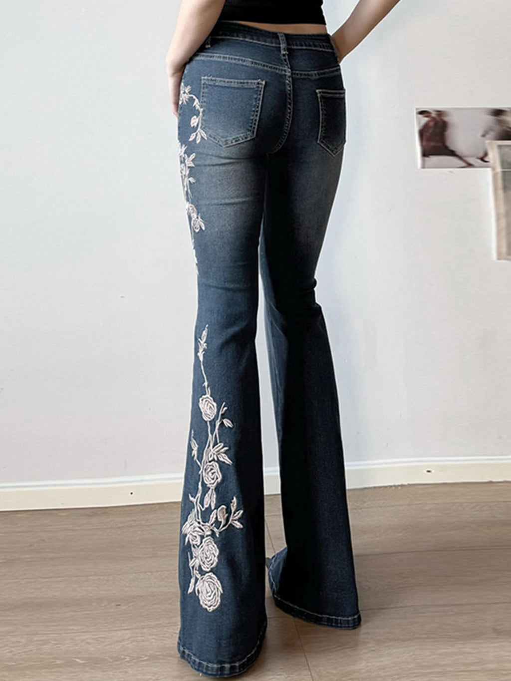 Women Bell Bottom Jeans Stretchy Flare Mid Rise Embroidery Vintage Denim Pants 90s Outfits Y2k Clothes