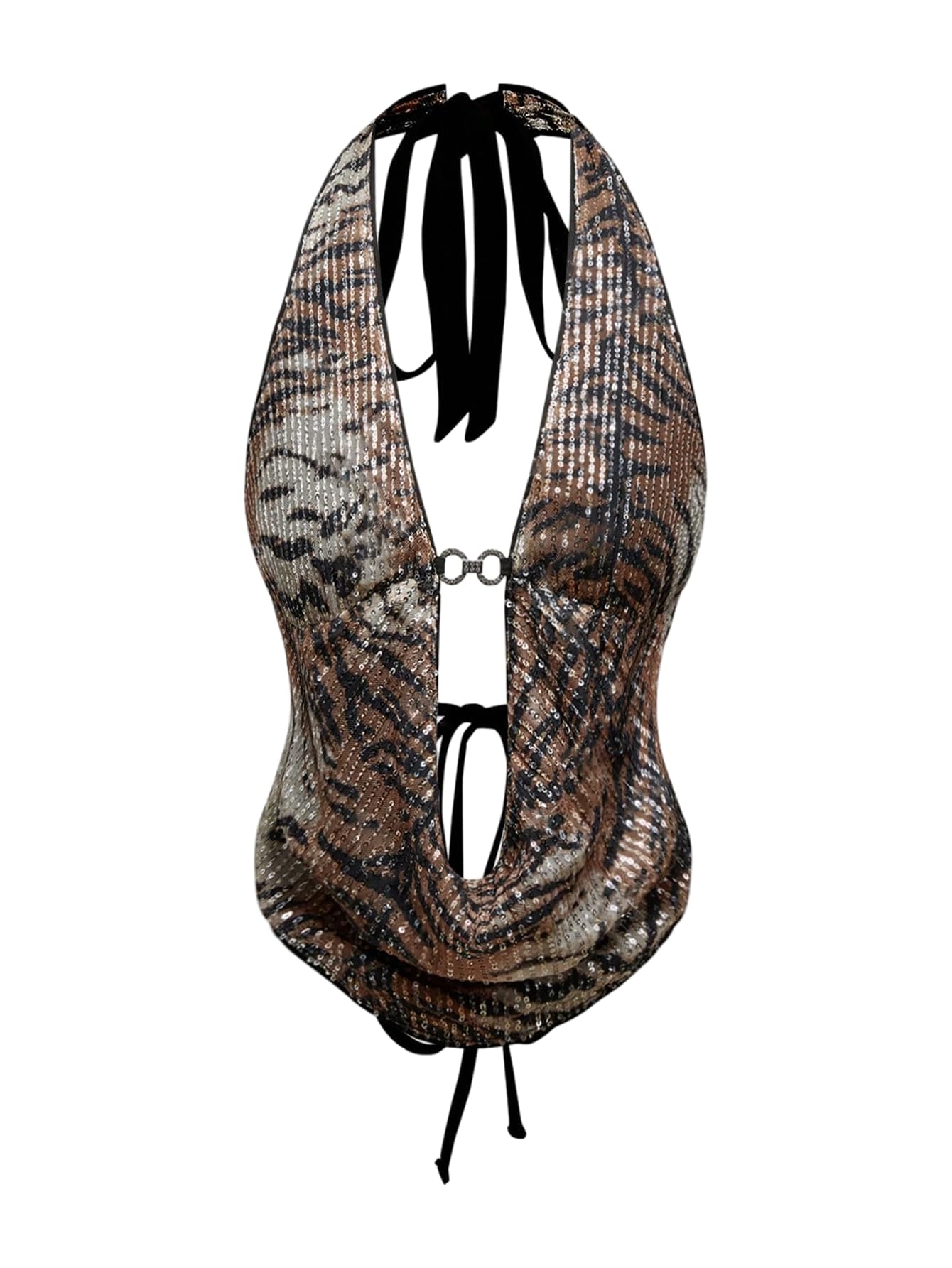 Verdusa Women's Cheetah Print Sequin Top Y2K Tie Back Corset Halter Going Out Crop Tops