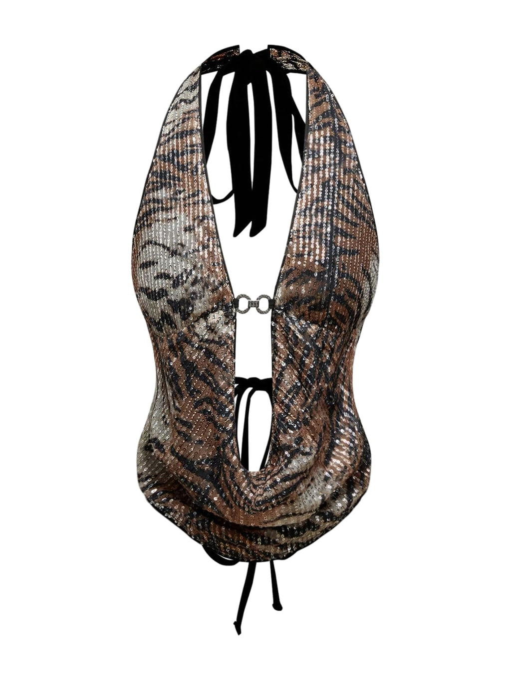 Verdusa Women's Cheetah Print Sequin Top Y2K Tie Back Corset Halter Going Out Crop Tops
