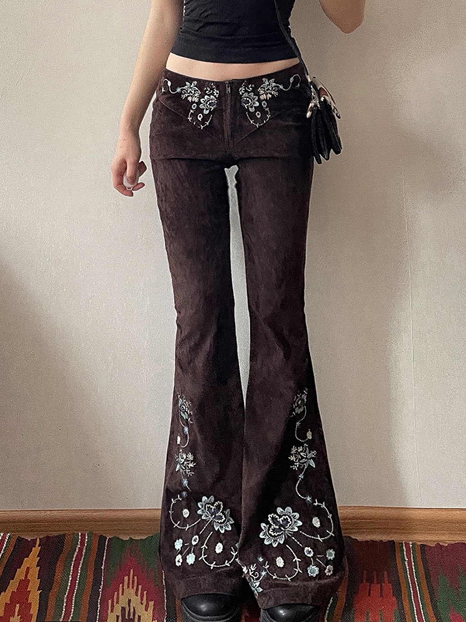 Women Bell Bottom Jeans Stretchy Flare Mid Rise Embroidery Vintage Denim Pants 90s Outfits Y2k Clothes