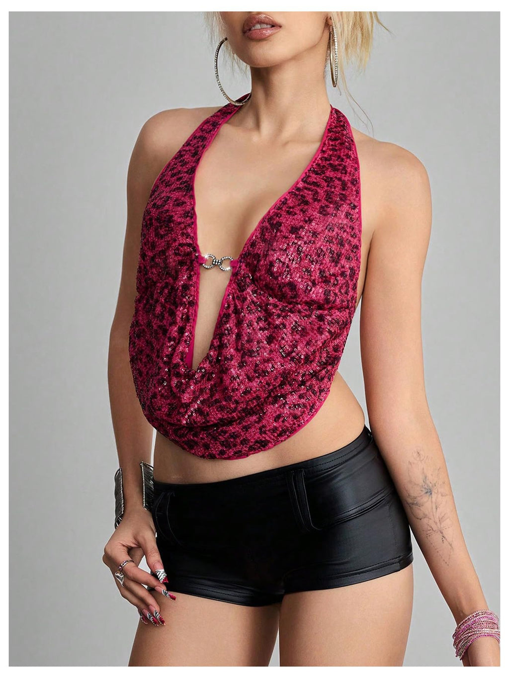 Verdusa Women's Cheetah Print Sequin Top Y2K Tie Back Corset Halter Going Out Crop Tops