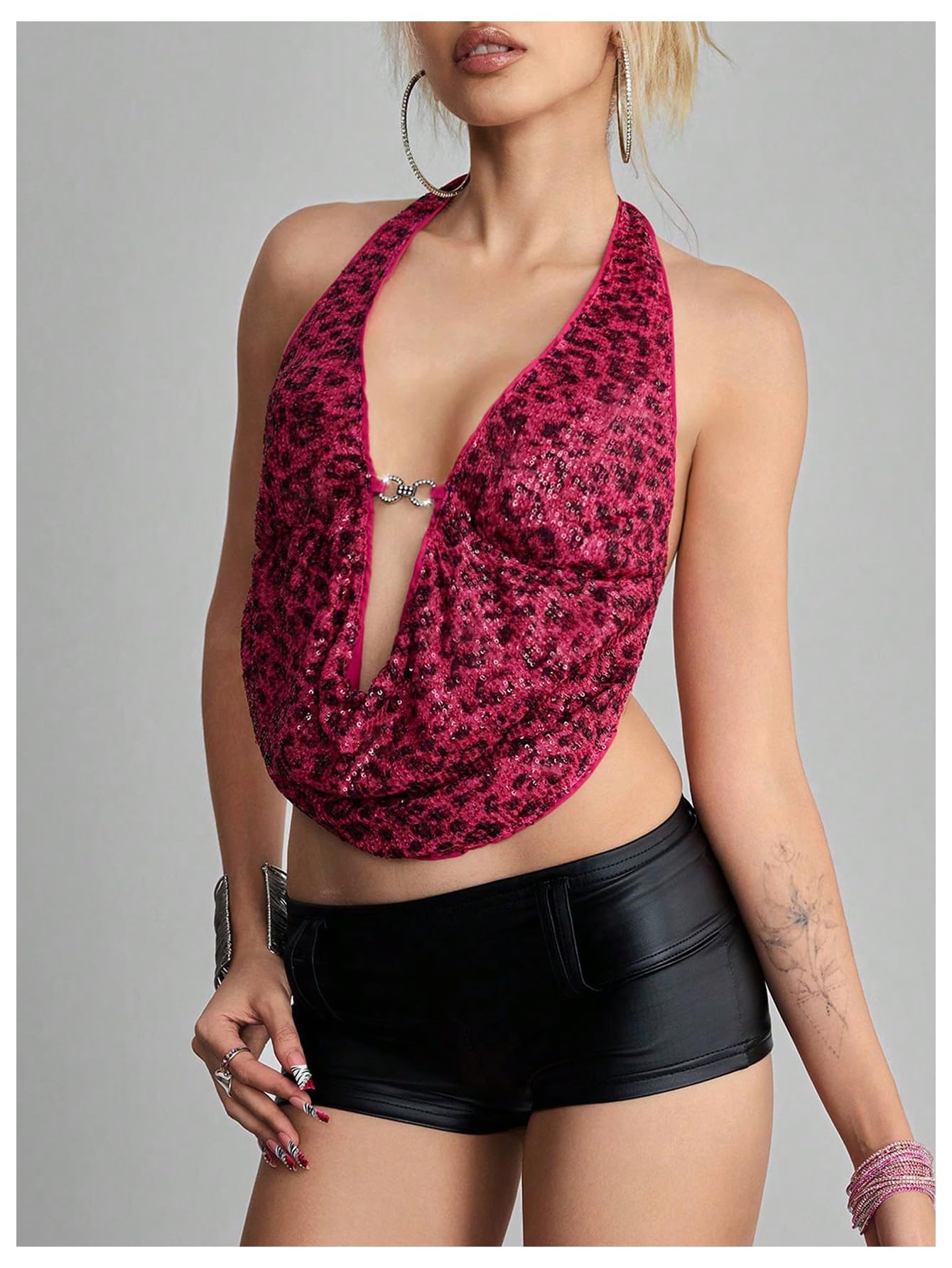 Verdusa Women's Cheetah Print Sequin Top Y2K Tie Back Corset Halter Going Out Crop Tops
