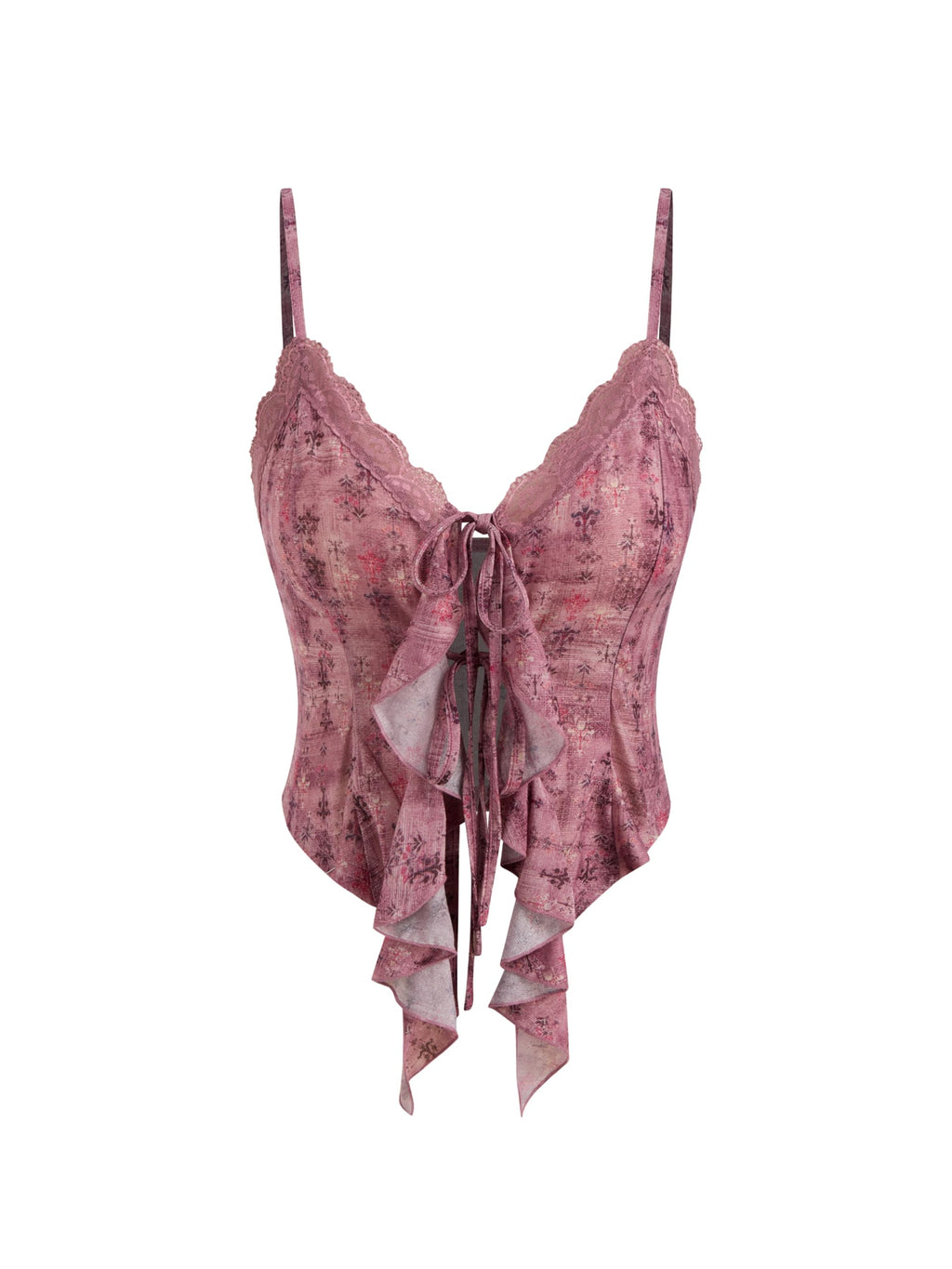 CIDER Going Out Tops for Women Y2K Tie Front Asymmetrical Ruffle Hem Lace Spaghetti Strap Cowgirl Crop Tops