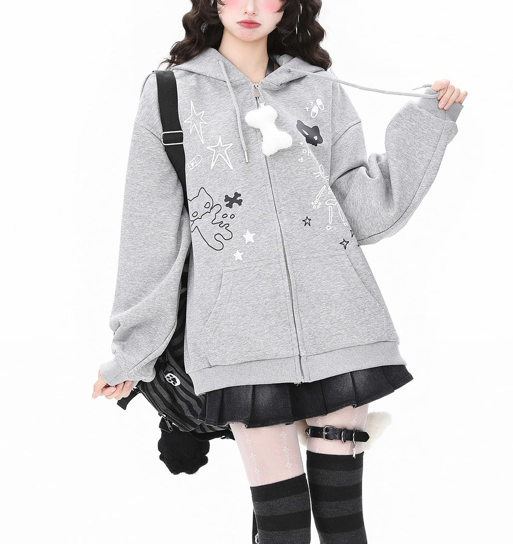 Womens Y2K Zip Up Cute Graphic Hoodies Cat Ears Casual Cartoon Harajuku Kawaii Clothes Oversize Streetwear Jacket