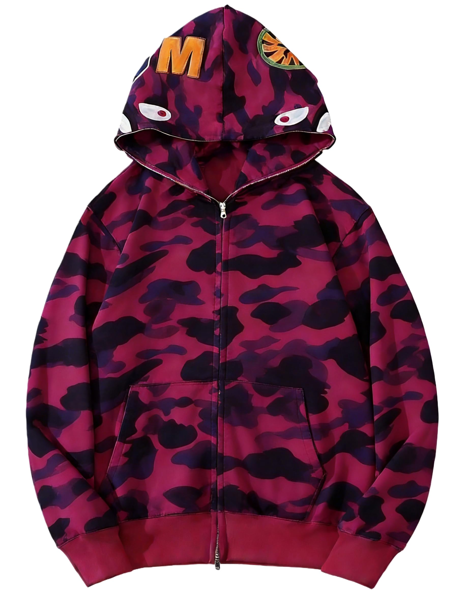 Unisex Camouflage Hoodie with Shark Embroidery, Full Zip, Lightweight Couple sweatshirts heavyweight hoodie