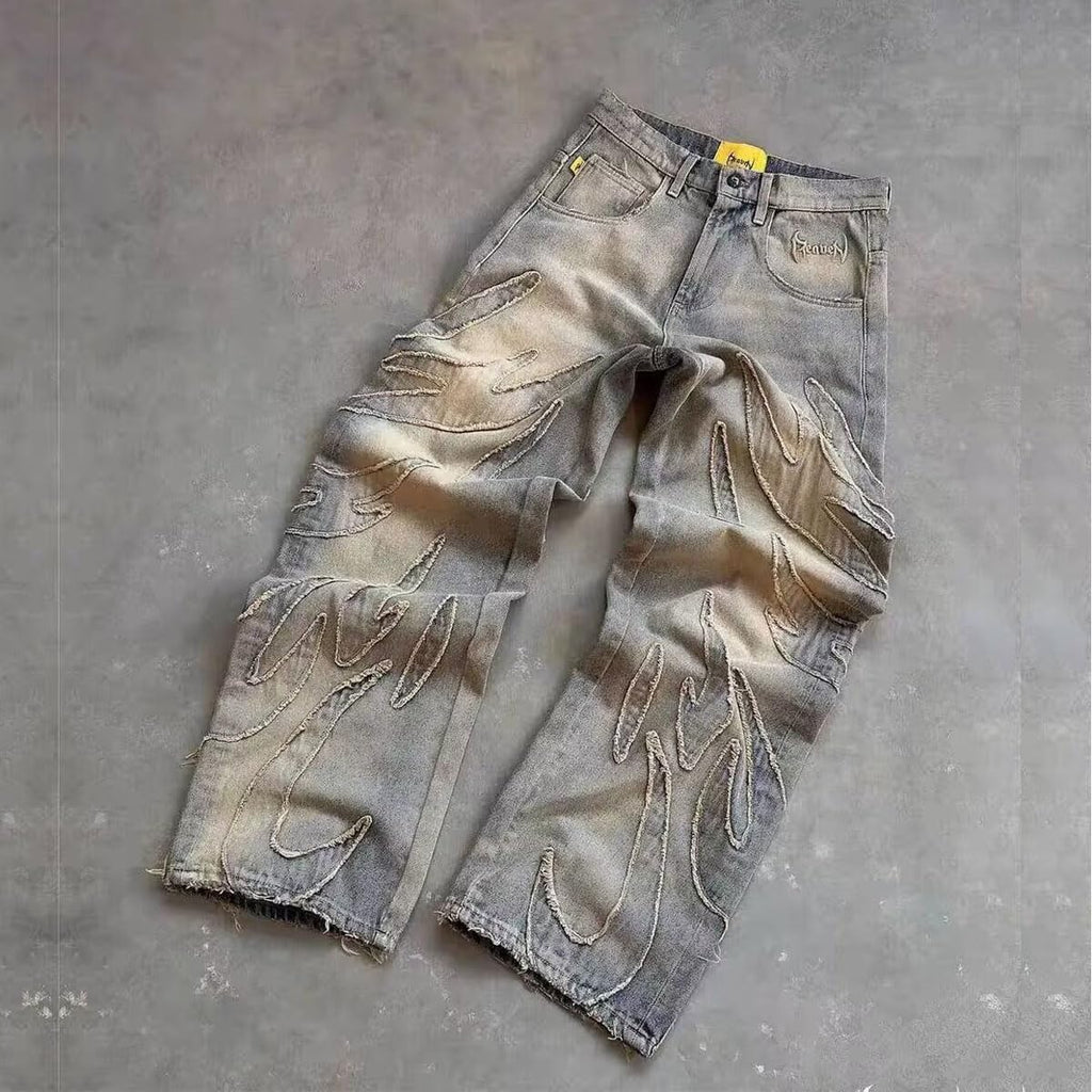 Y2K Men's Street Retro Hip-hop Flame Splicing Wide Leg Gothic Loose Jeans