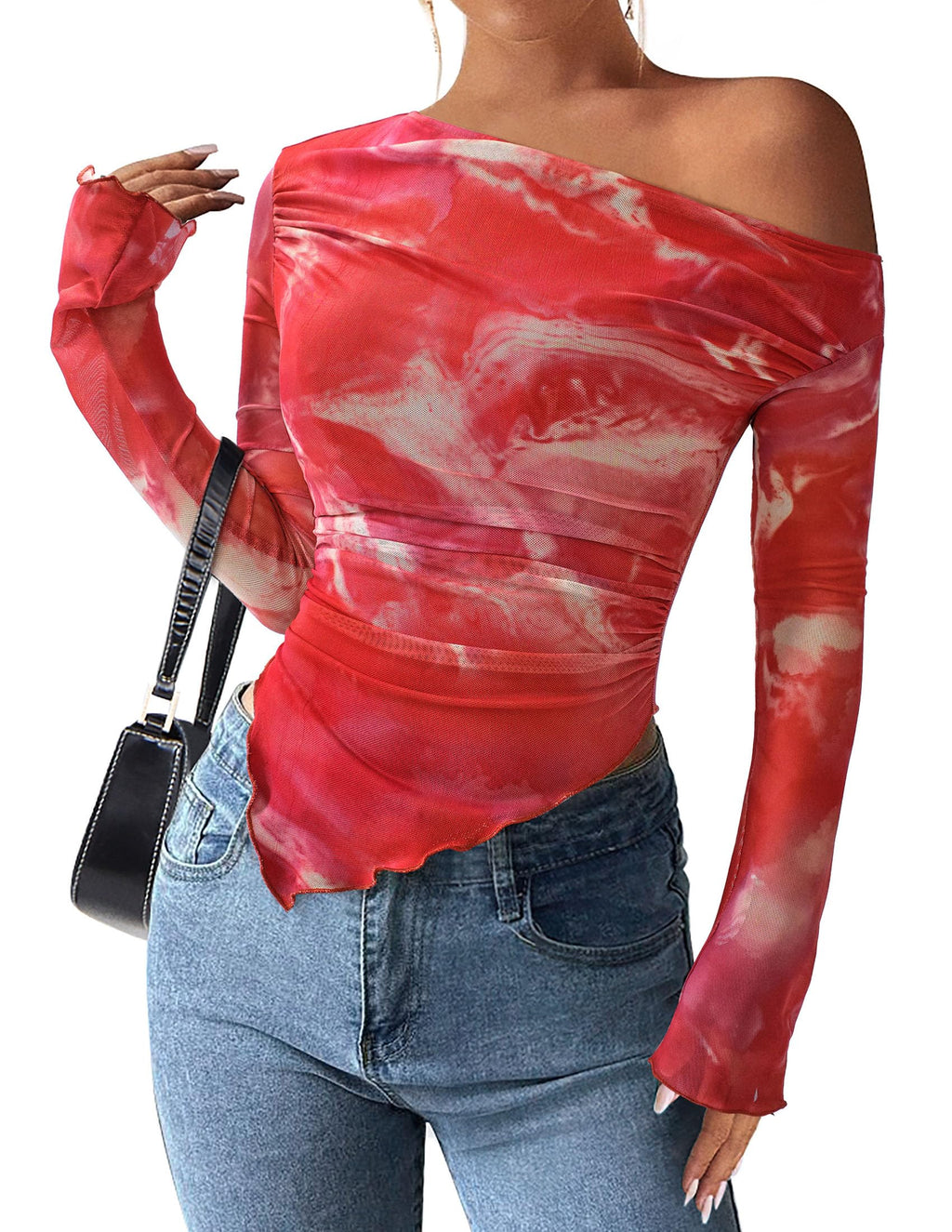 PRETTYGARDEN Womens Fall Trendy Off Shoulder Y2k Tops 2026 Tie Dye Mesh Long Sleeve Shirts Asymmetrical Ruched Floral Blouse