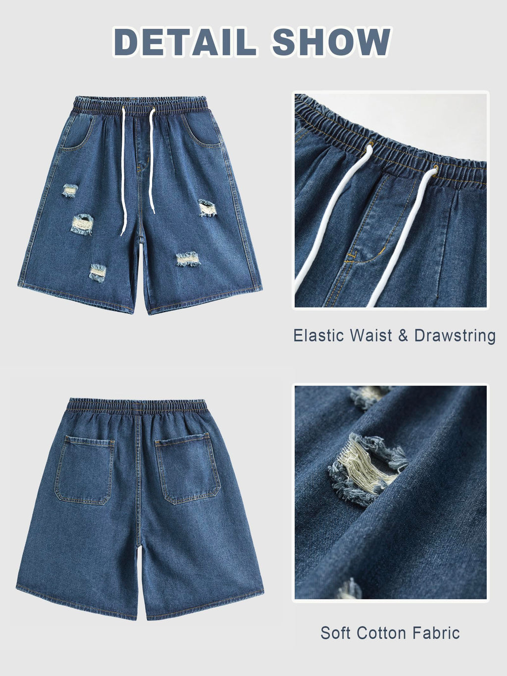 EMMIOL Baggy Jean Shorts Men, Y2k Jorts Cargo Ripped Elastic Waist, Mens Denim Shorts Comfy Casual Streetwear Summer