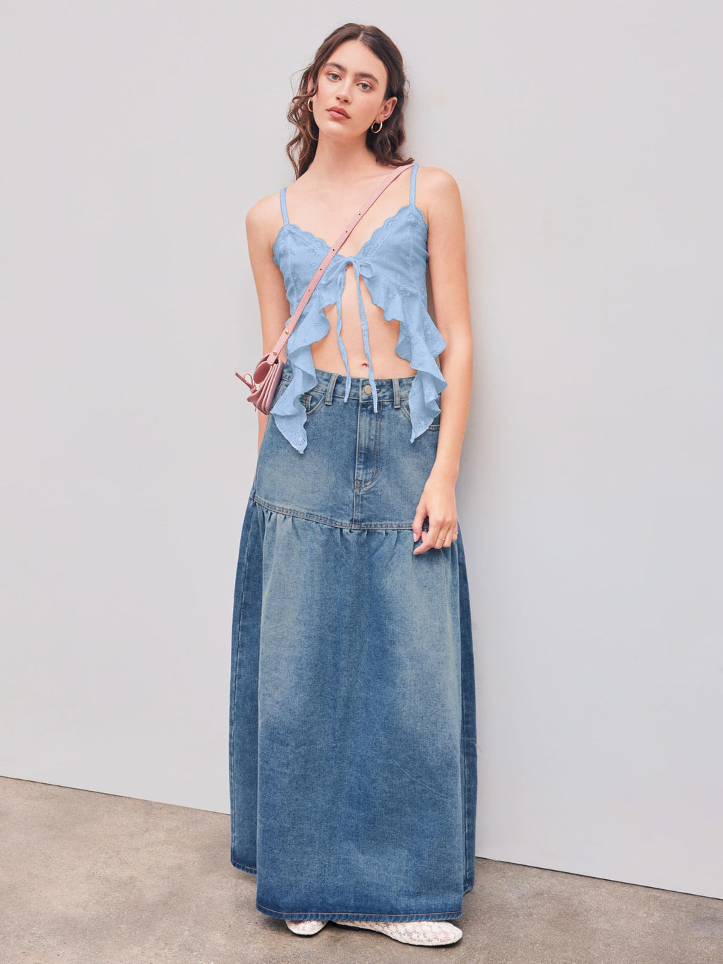 CIDER Going Out Tops for Women Y2K Tie Front Asymmetrical Ruffle Hem Lace Spaghetti Strap Cowgirl Crop Tops