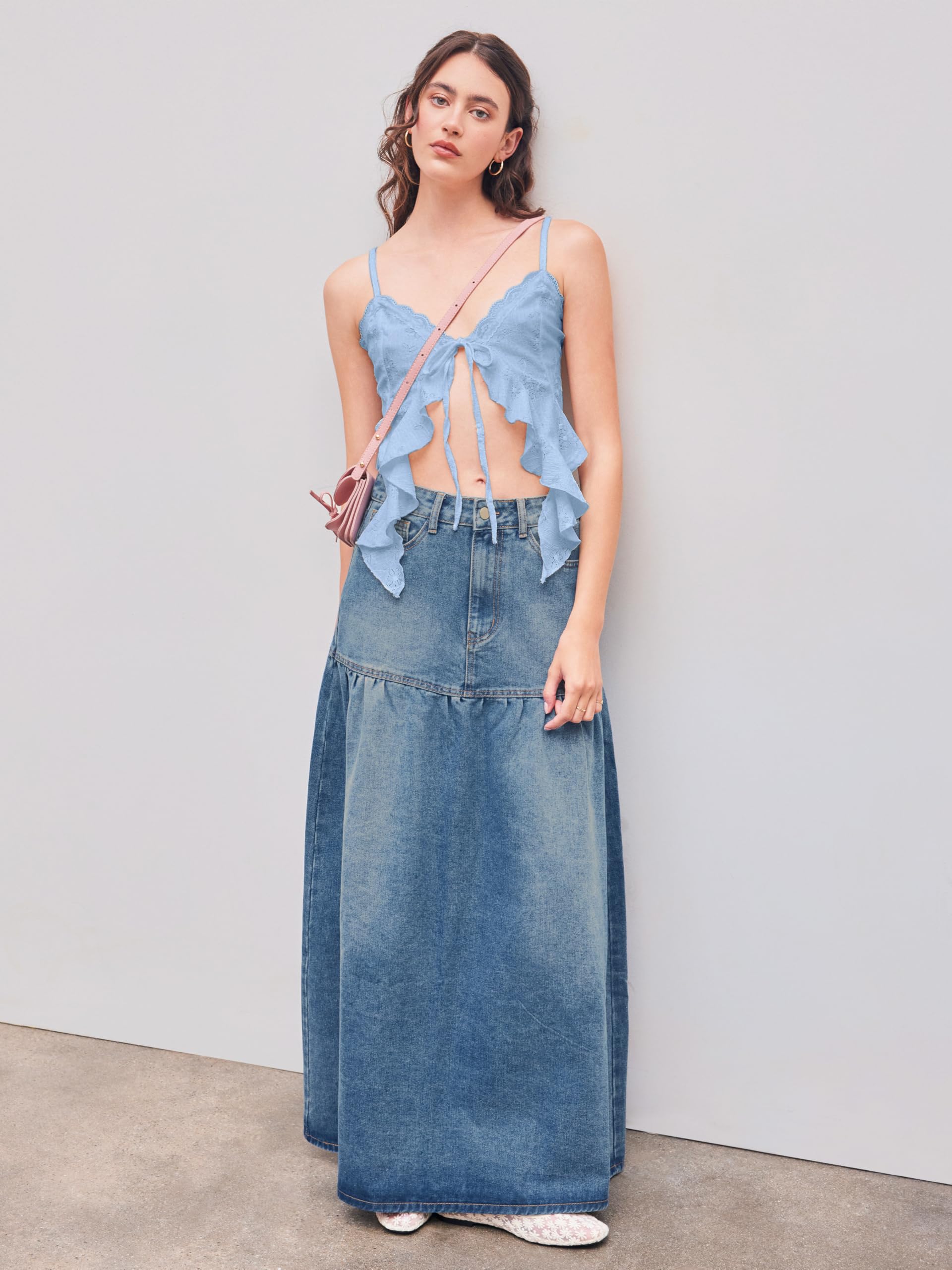 CIDER Going Out Tops for Women Y2K Tie Front Asymmetrical Ruffle Hem Lace Spaghetti Strap Cowgirl Crop Tops