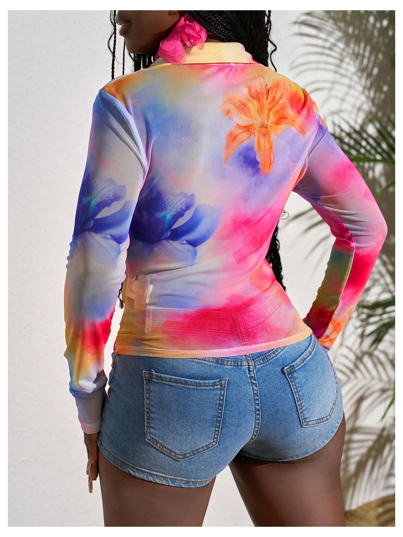 SOLY HUX Women's Y2k Tie Dye Tops Button Down Long Sleeve Fitted Crop Shirts Blouse Street Music Festival Clothes