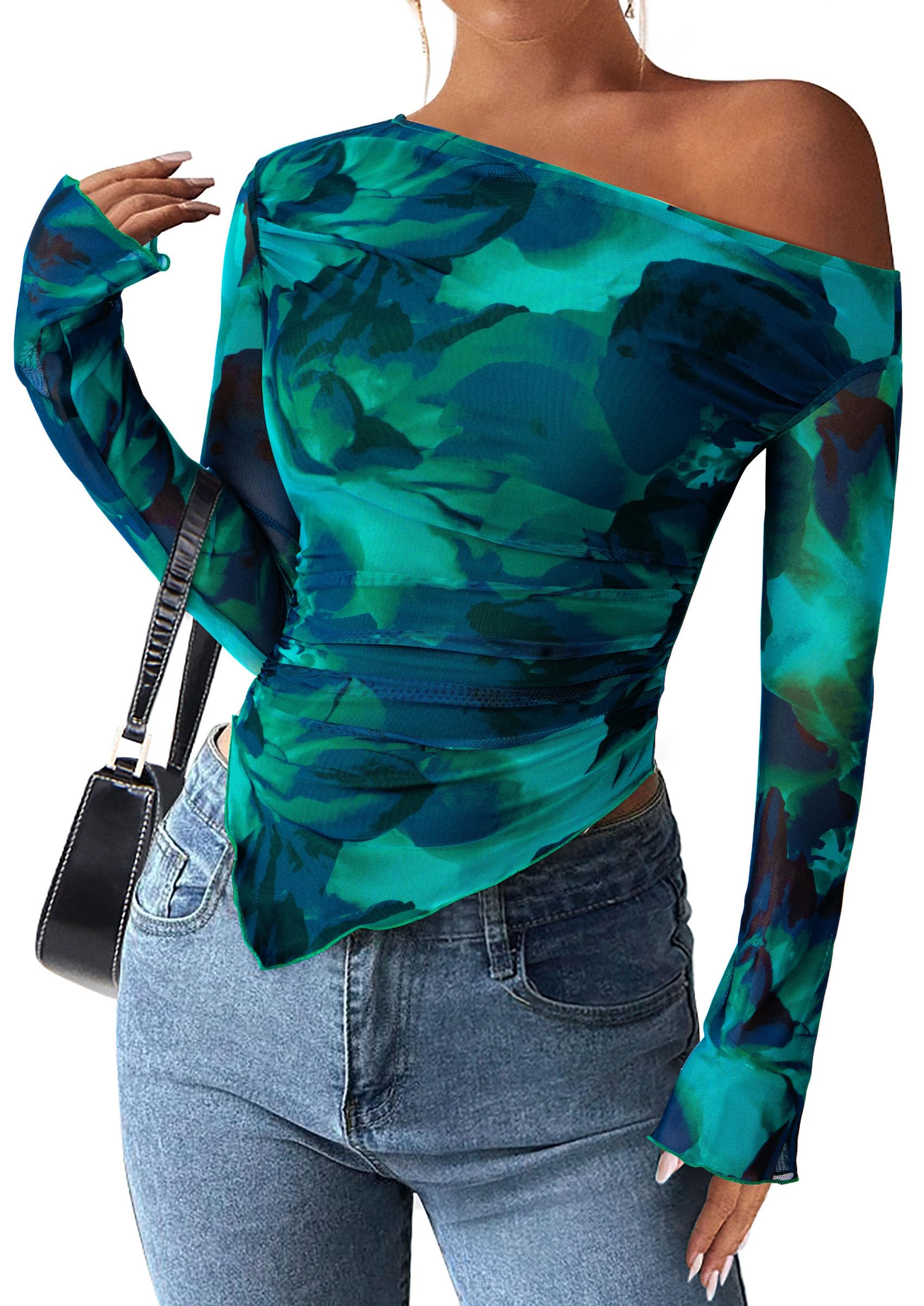 PRETTYGARDEN Womens Fall Trendy Off Shoulder Y2k Tops 2026 Tie Dye Mesh Long Sleeve Shirts Asymmetrical Ruched Floral Blouse