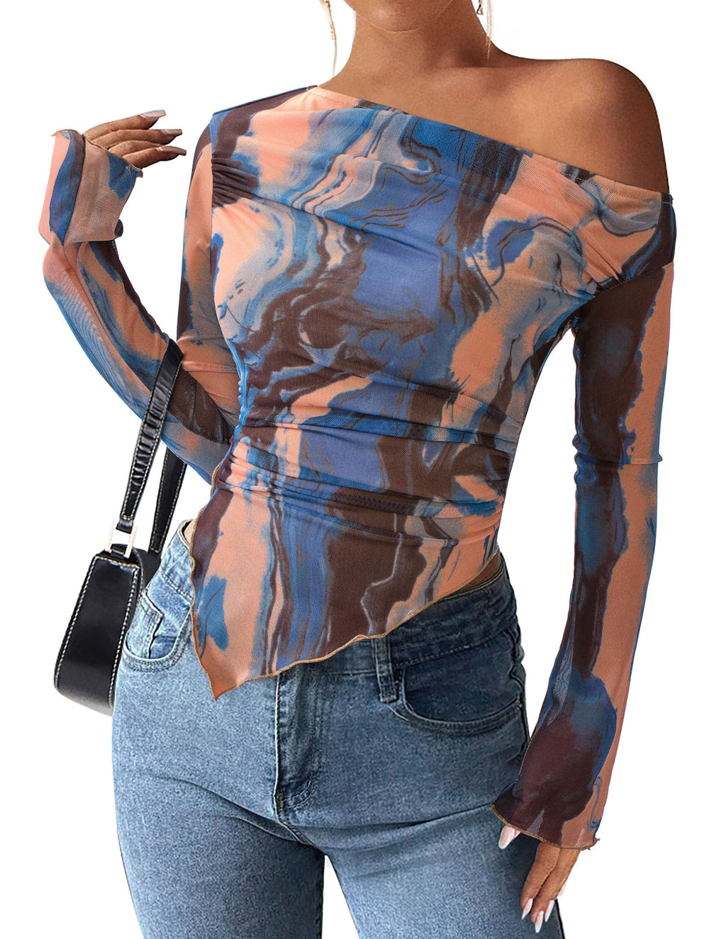 PRETTYGARDEN Womens Fall Trendy Off Shoulder Y2k Tops 2026 Tie Dye Mesh Long Sleeve Shirts Asymmetrical Ruched Floral Blouse