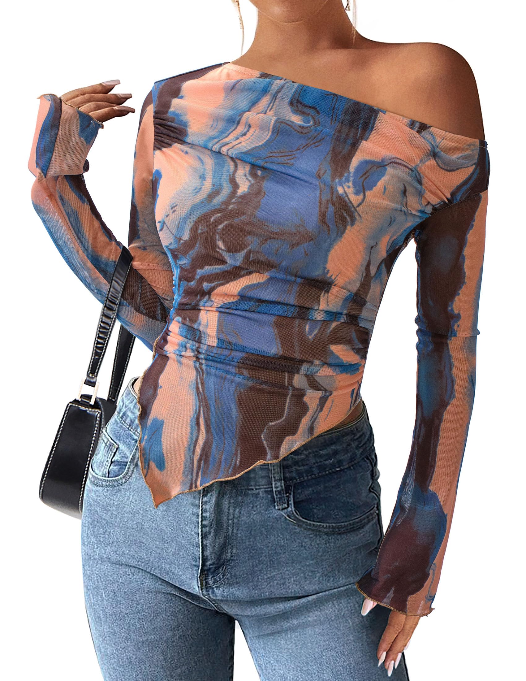 PRETTYGARDEN Womens Fall Trendy Off Shoulder Y2k Tops 2026 Tie Dye Mesh Long Sleeve Shirts Asymmetrical Ruched Floral Blouse