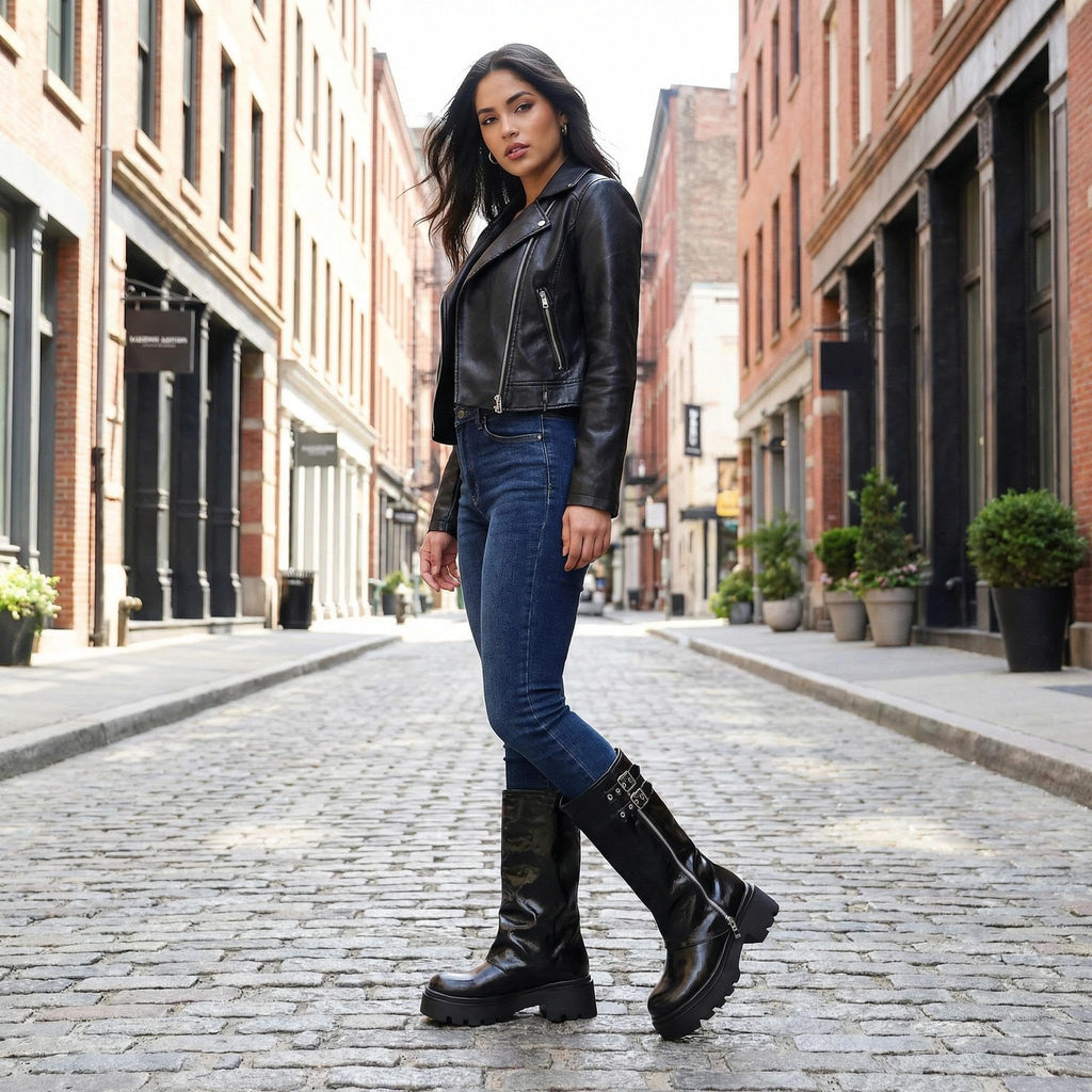 Women's Knee High Boots Buckle Moto Biker Boots for Women Platform Fold Over Tall Boots Chunky Low Heel Wide Calf Boots