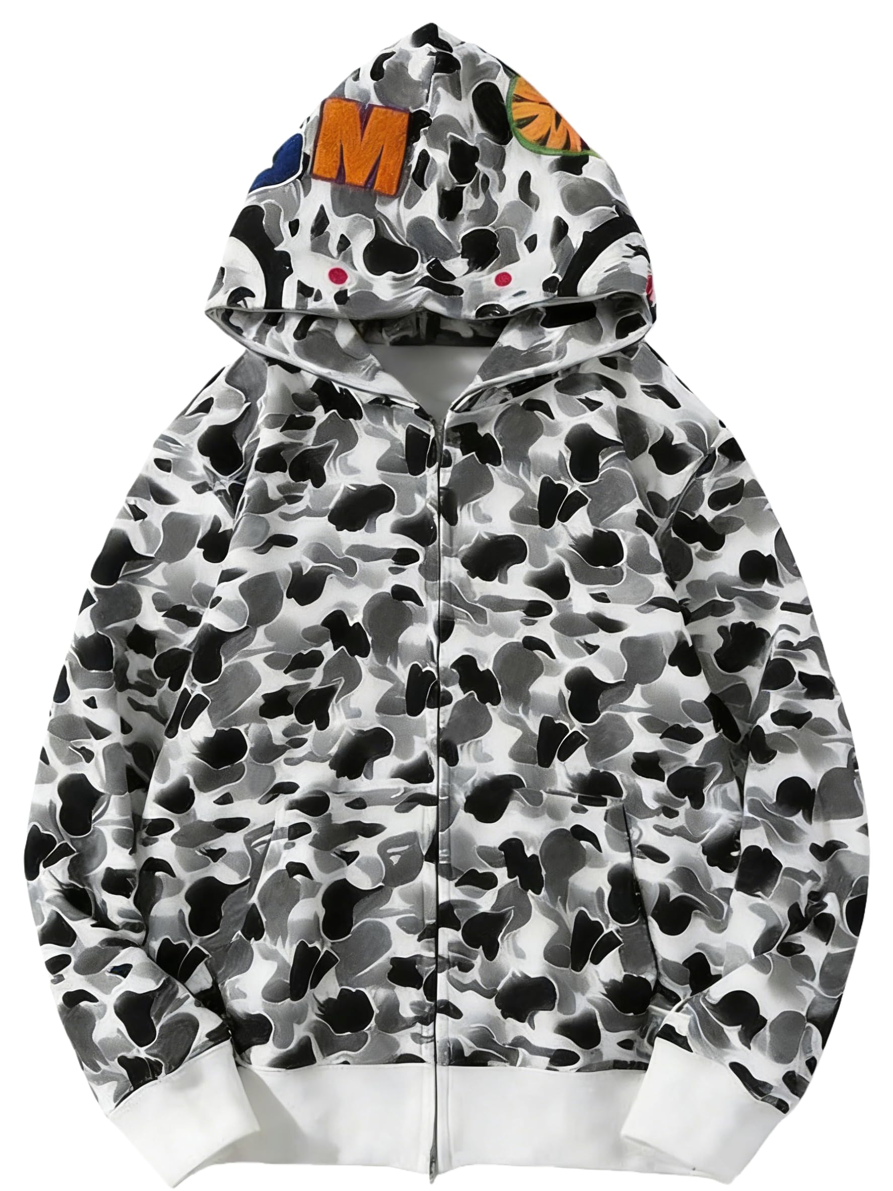 Unisex Camouflage Hoodie with Shark Embroidery, Full Zip, Lightweight Couple sweatshirts heavyweight hoodie